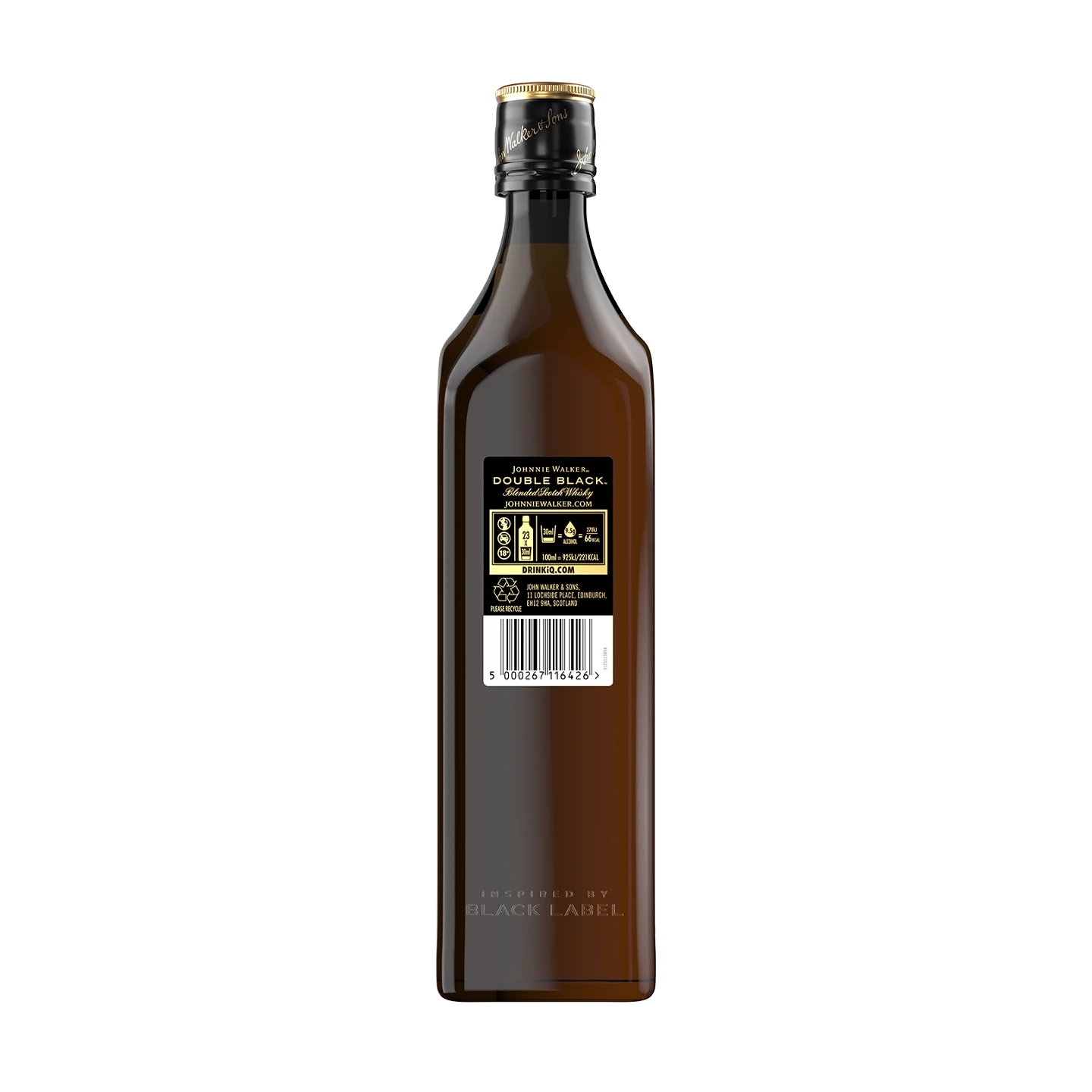 A brown glass bottle with a black cap and a black and gold label on the back, displaying product information and a barcode. The text on the bottom reads INSPIRED BY BLACK LABEL.