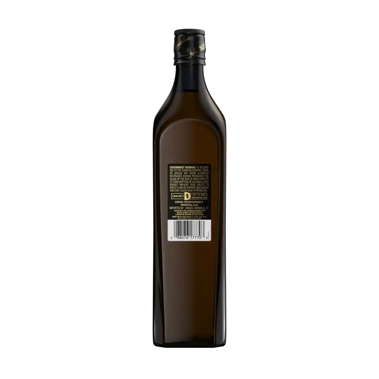 A tall, dark brown glass bottle with a black and gold cap. The bottle has a black label with text and a barcode visible on its back side.