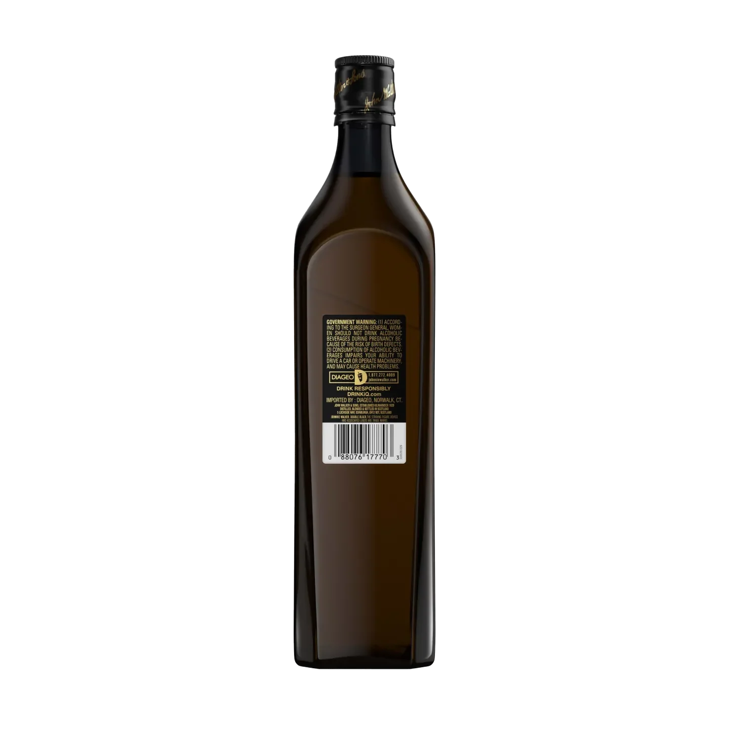 A brown glass bottle with a black label and gold accents, viewed from the back. The label has text and symbols, and a barcode is visible at the bottom. The bottle is sealed with a black cap.