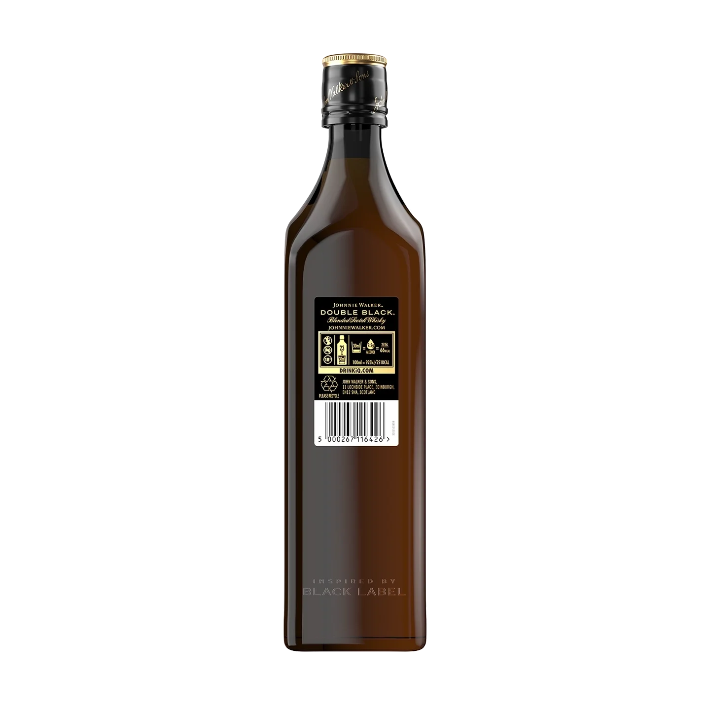 Una botella de vidrio marrón con etiqueta negra y detalles dorados, vista desde atrás. La etiqueta tiene texto y símbolos, y un código de barras es visible en la parte inferior. La botella está sellada con un tapón negro.