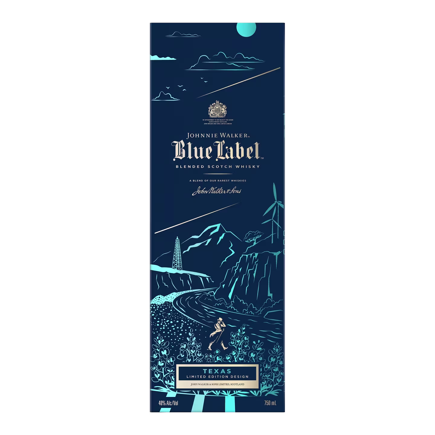 Johnnie Walker Blue Label Texas Limited Edition whisky box with blue artwork of Texas scenery.