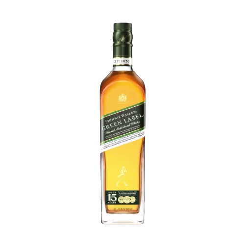 Botella de whisky Johnnie Walker Green Label con etiqueta verde y letras doradas que muestran la declaración de 15 años de antigüedad. La botella es alta y tiene un diseño angular distintivo, con el logotipo de una figura caminando.