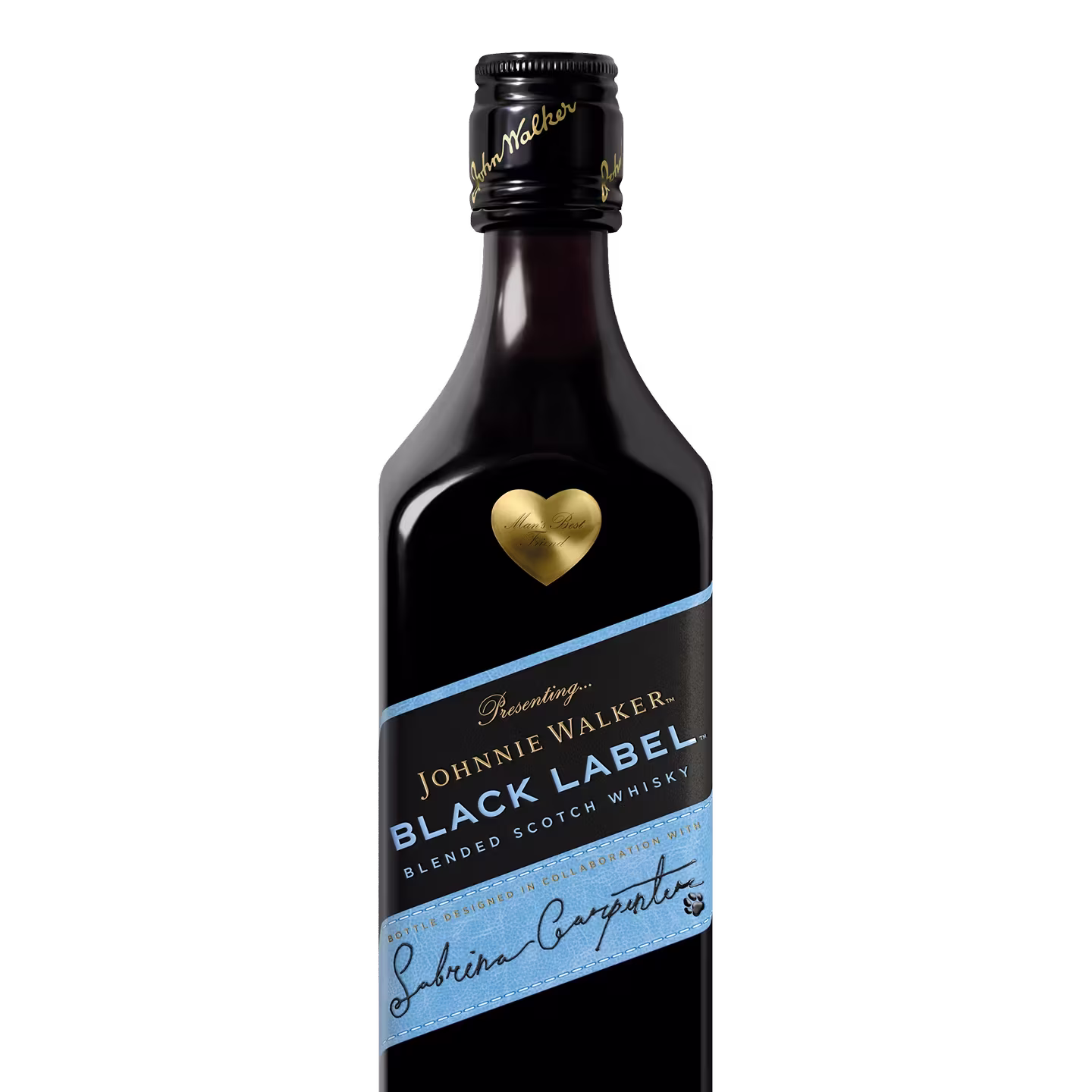 A bottle of Johnnie Walker Black Label whisky featuring a gold heart and blue script on the label.
