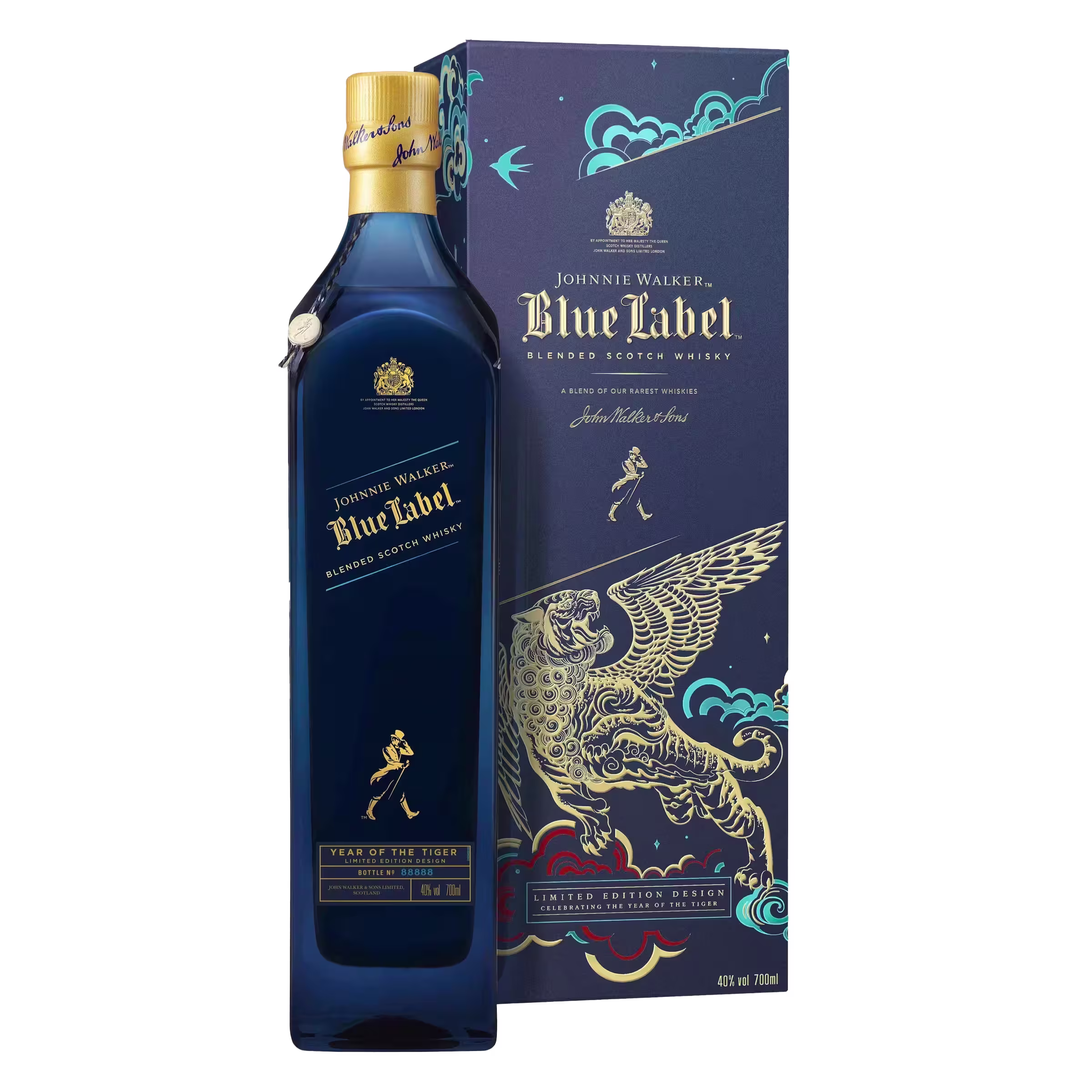 A bottle of Johnnie Walker Blue Label whisky with a deep blue and gold label, next to a matching decorative box featuring intricate designs, including a stylized tiger.