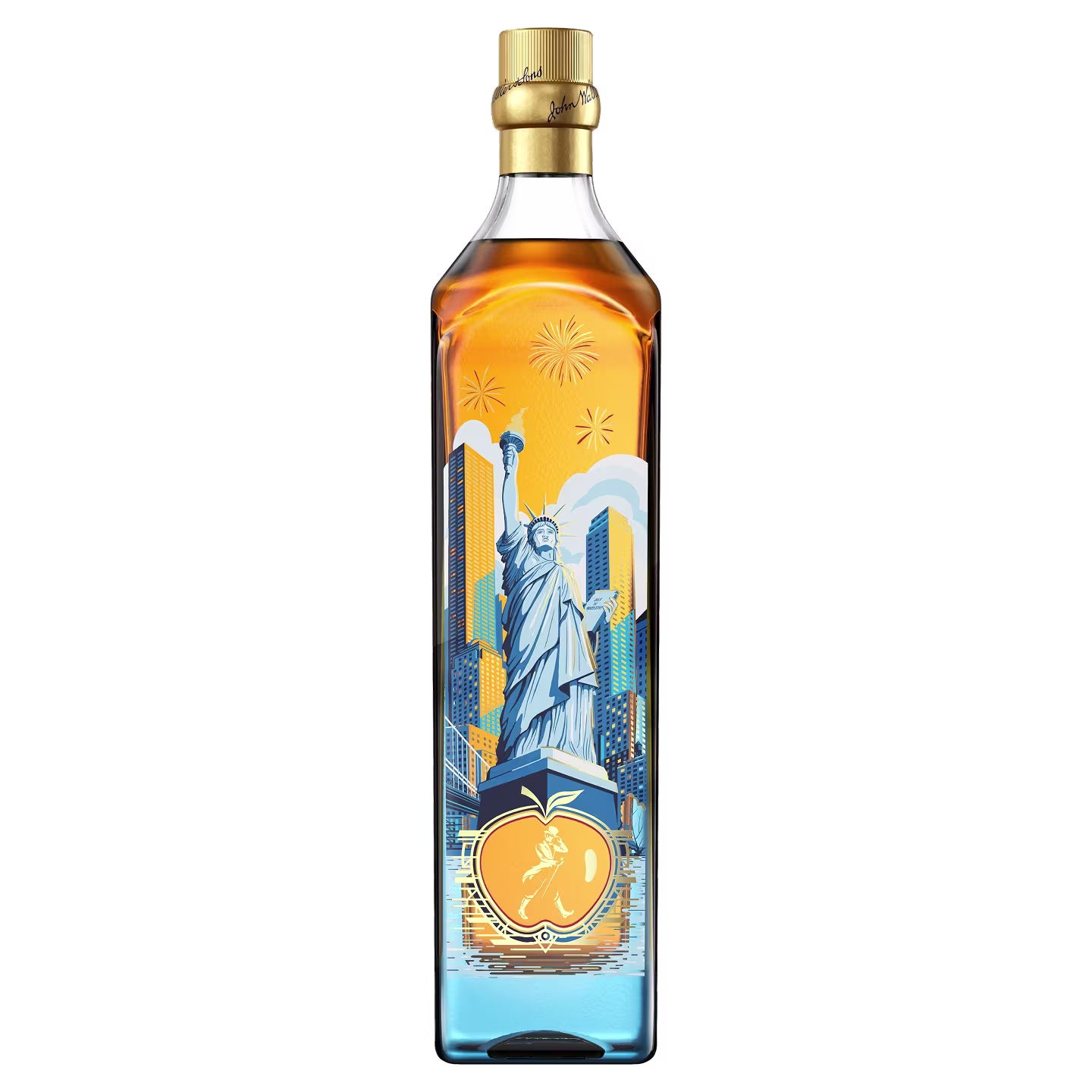 A bottle with a colorful label featuring the Statue of Liberty, city buildings, fireworks, and an orange.