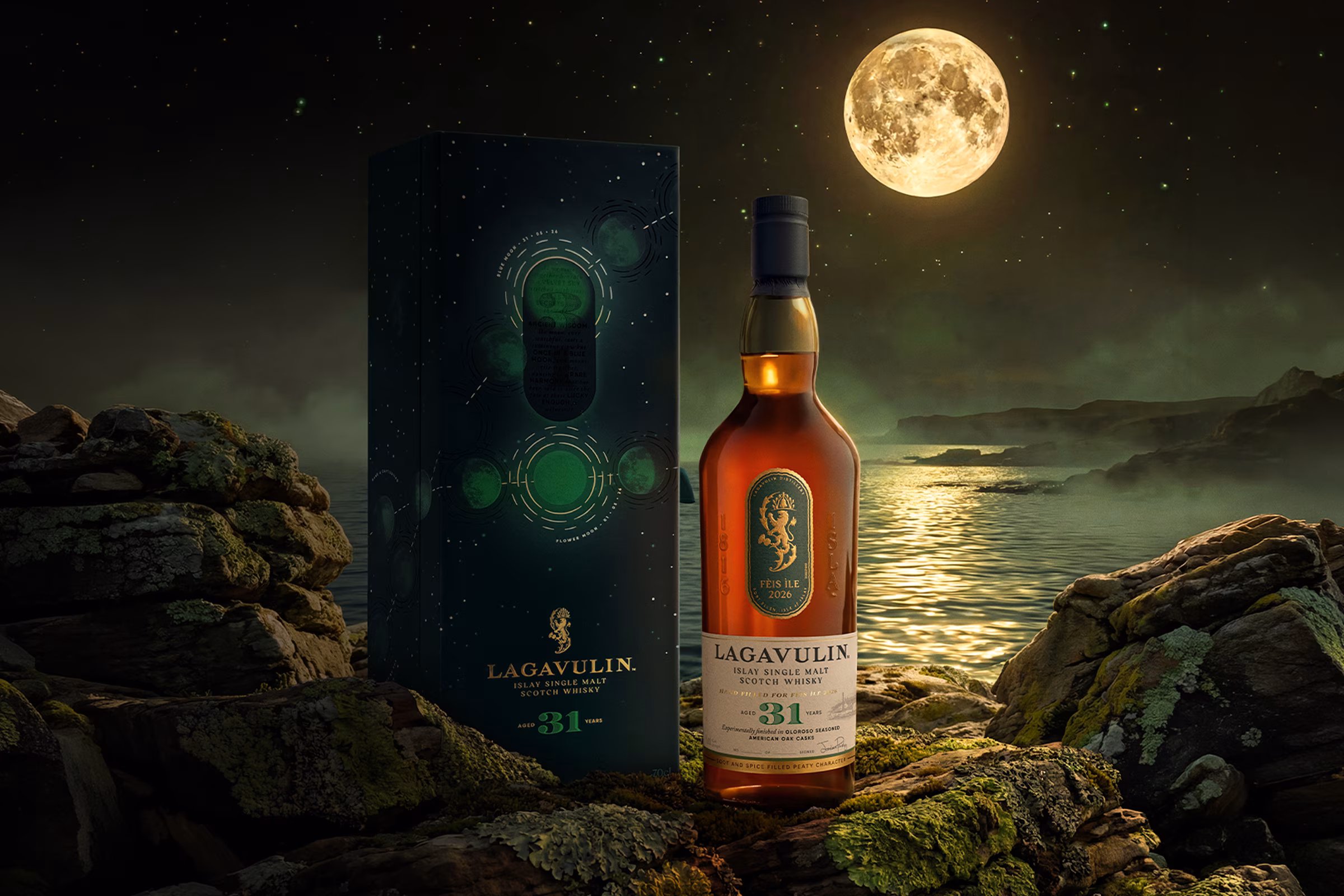 Lagavulin 31-year-old whisky bottle and box set on mossy rocks by a moonlit lake under a starry sky.