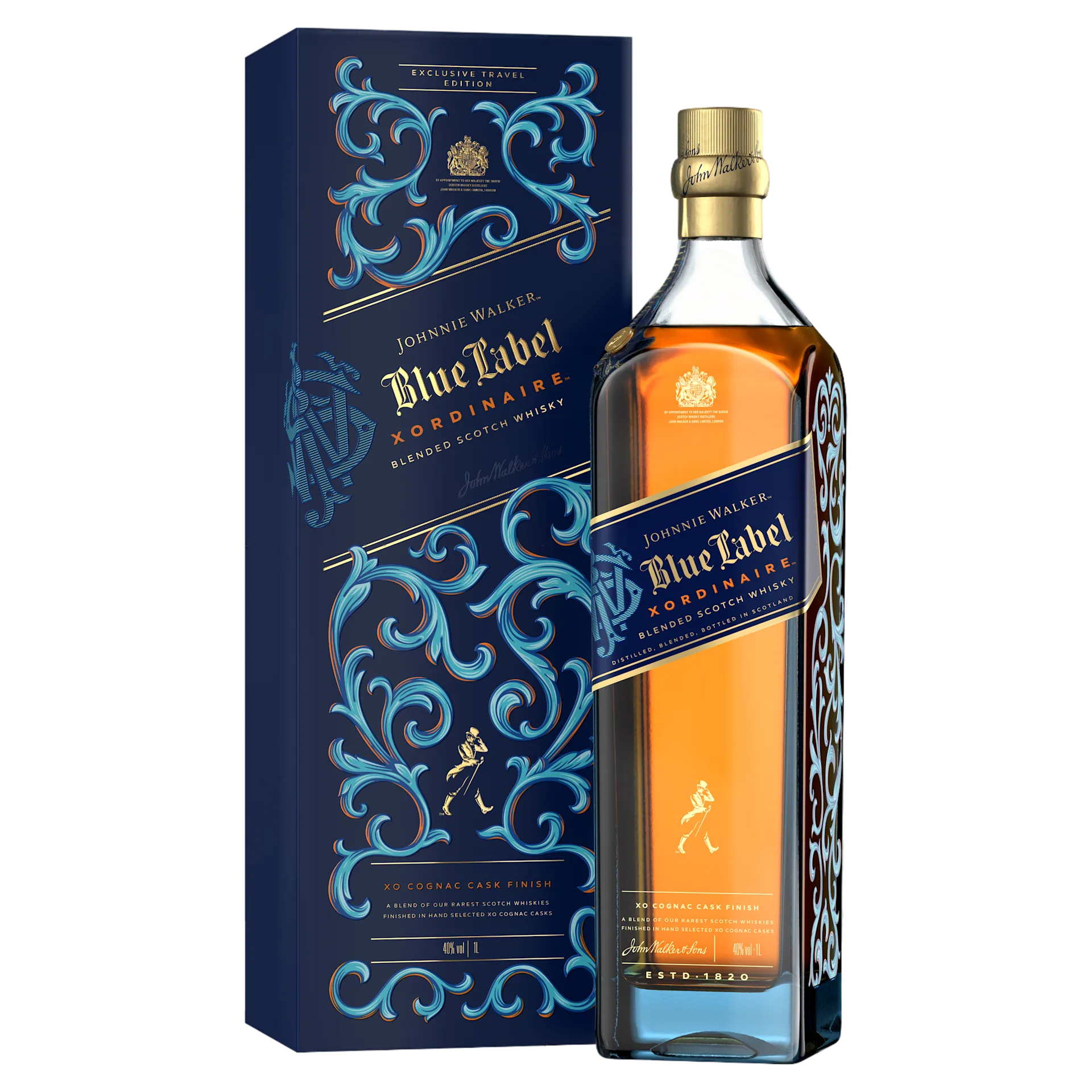 A bottle of Johnnie Walker Blue Label Xordinaire sits alongside its matching box. Both feature ornate blue and gold designs. The bottle contains blended scotch whisky with a cognac cask finish, highlighted in gold accents on the packaging.