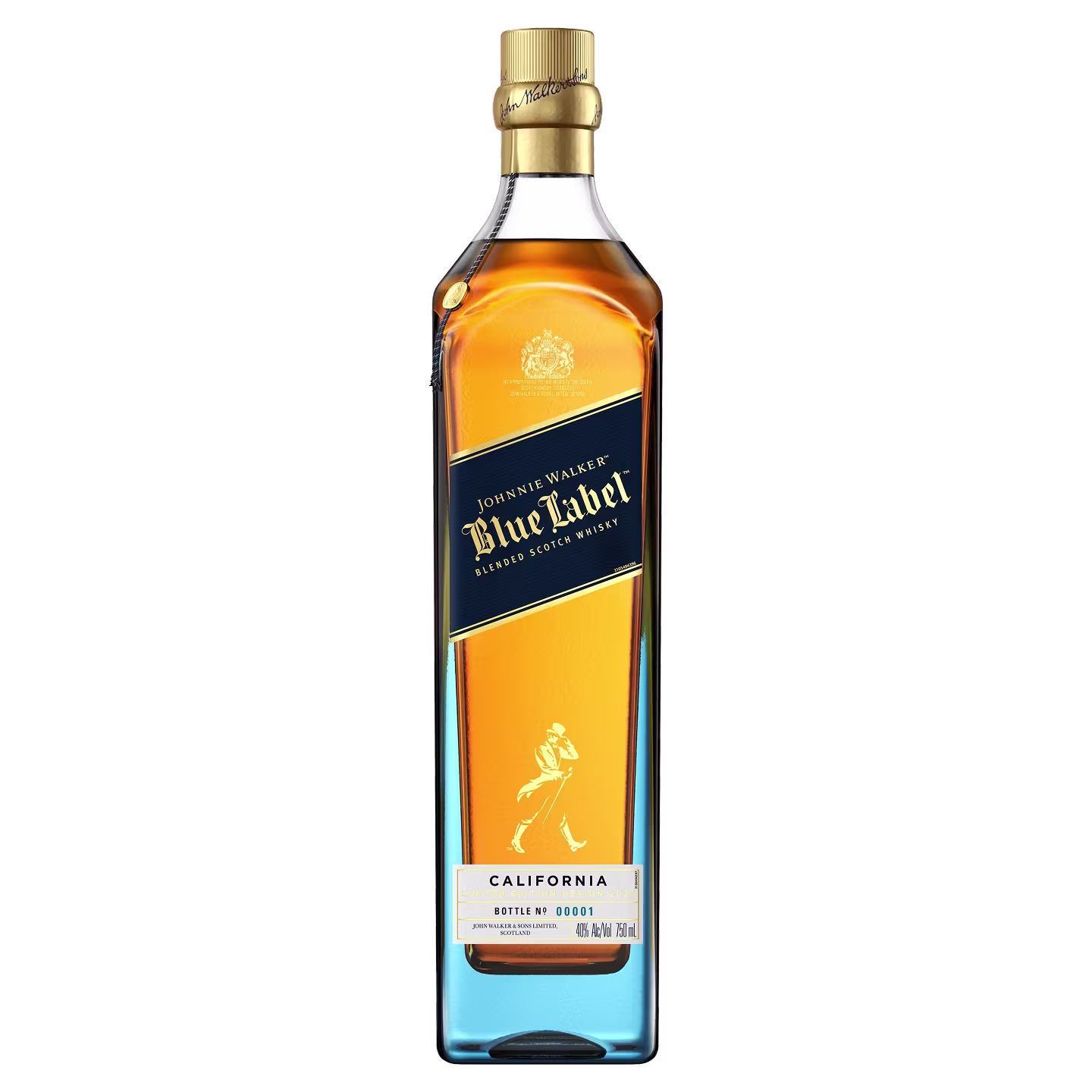 A bottle of Johnnie Walker Blue Label California Edition Scotch whisky with a gold cap and blue label.