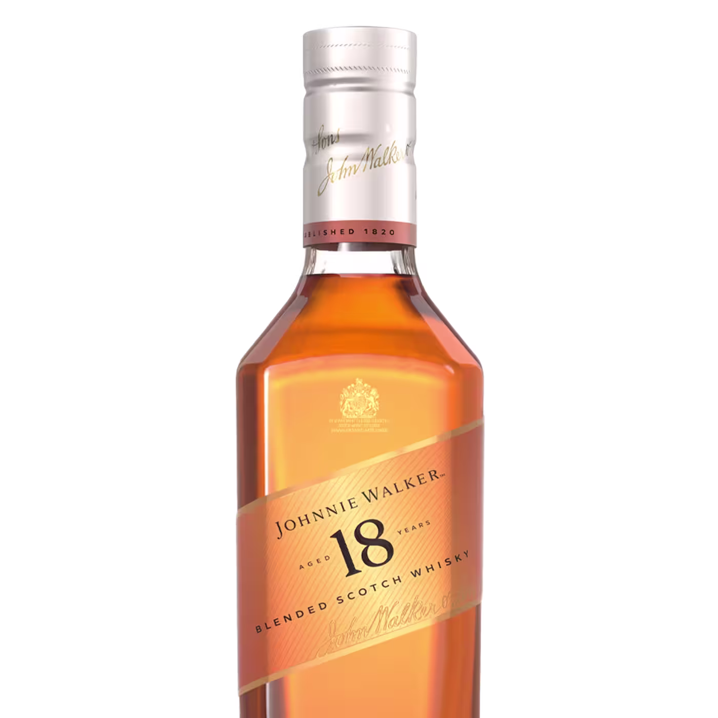 A bottle of Johnnie Walker 18 blended scotch whisky with a gold label and cap, showcasing amber liquid inside. The label features the brand name and age statement in elegant lettering.