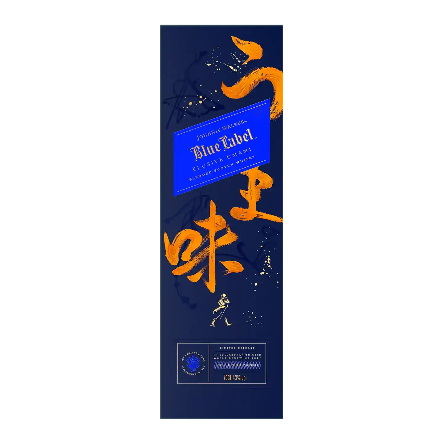 Eine blau-goldene Schachtel mit der Johnnie Walker Blue Label Elusive Umami Edition, mit stilisierter orangefarbener japanischer Kalligraphie. Das kultige Walker-Logo ist sichtbar.