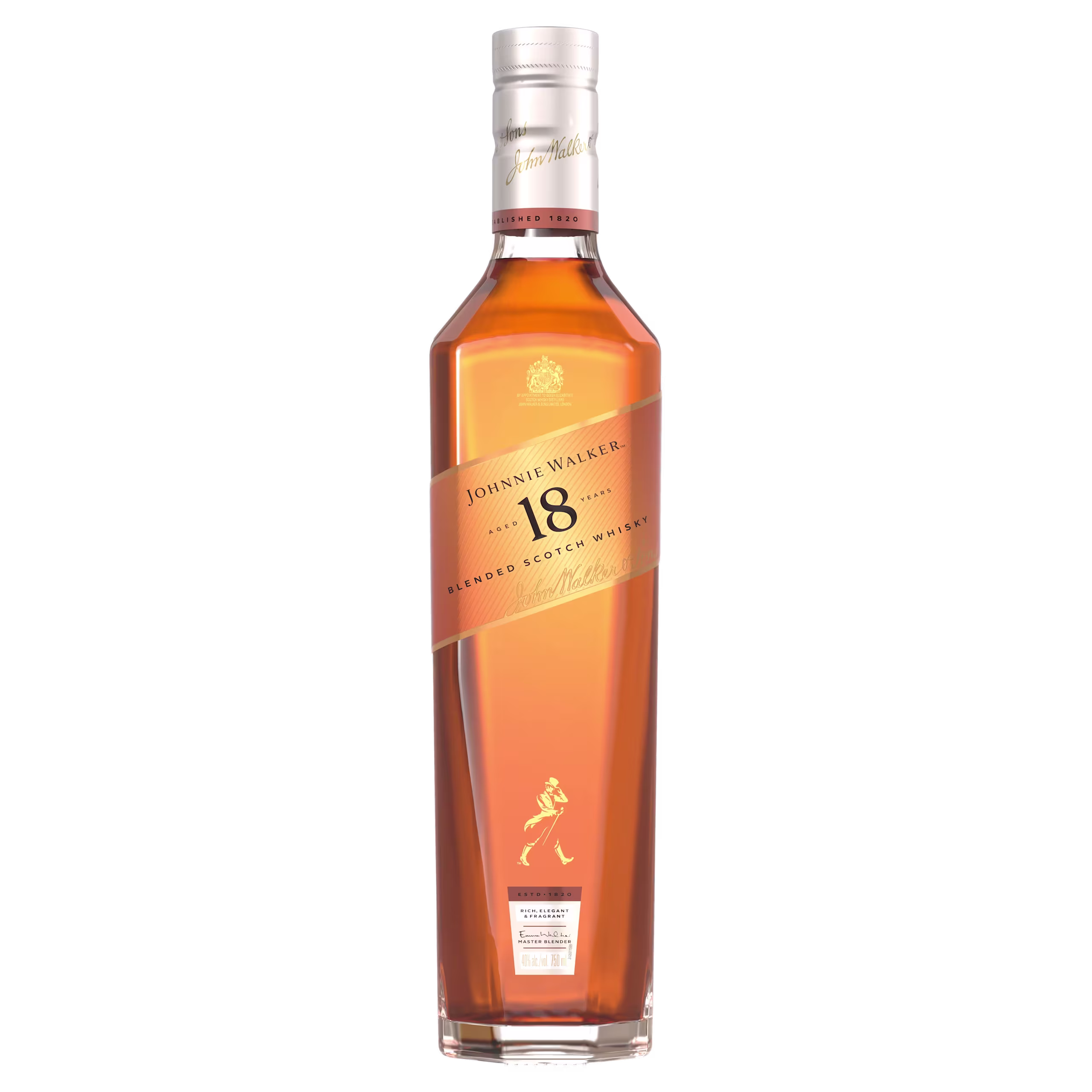 A bottle of Johnnie Walker 18 Year Old Blended Scotch Whisky with a gold label and cap, displaying the brands signature walking man logo. The whisky inside is amber in color.