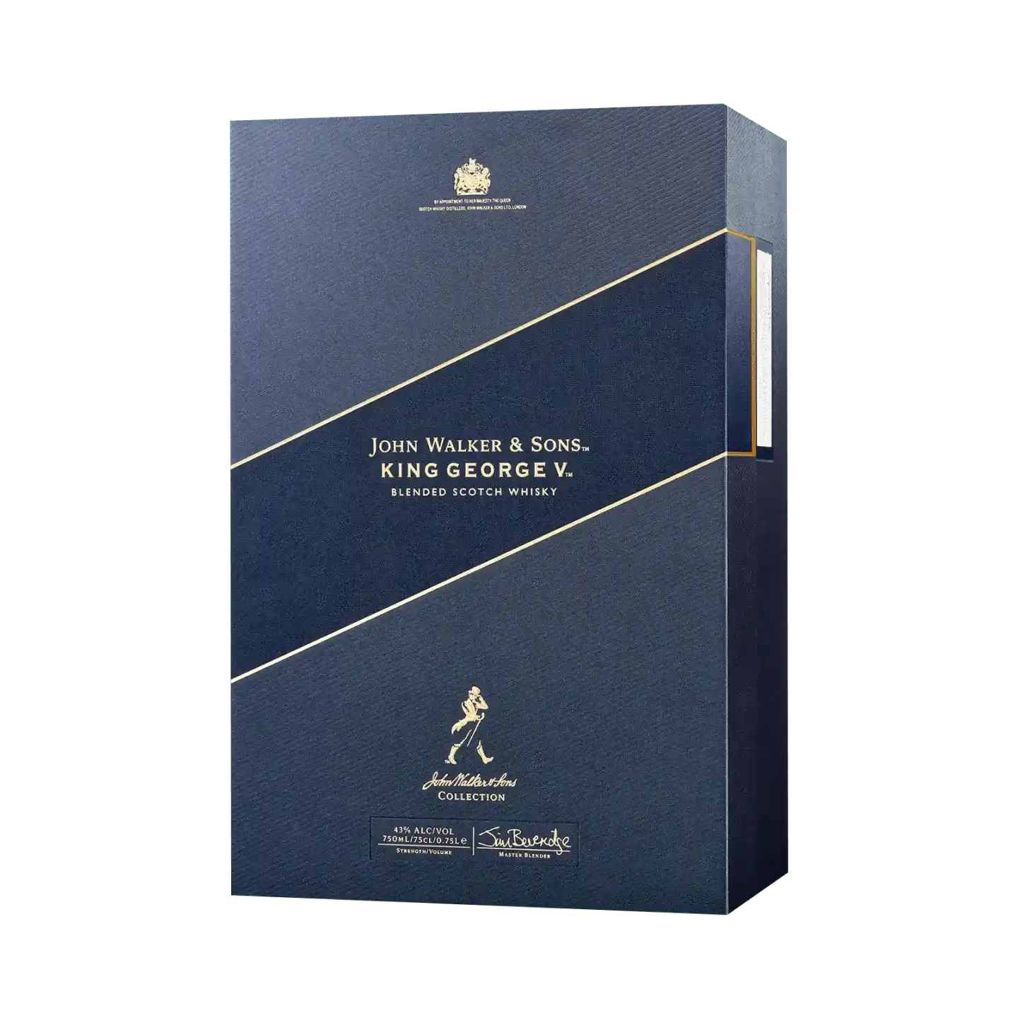 Eine blaue Box mit goldenen Lettern für John Walker & Sons King George V. Blended Scotch Whisky.