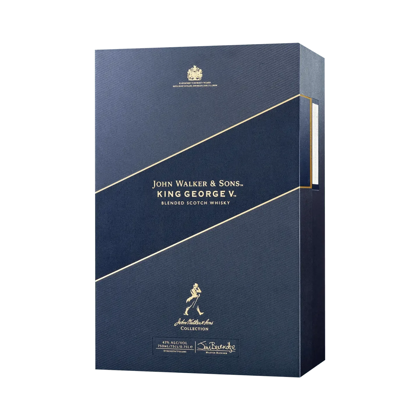 A navy blue and gold box for John Walker & Sons King George V Blended Scotch Whisky, featuring a logo of a striding man and details about the product.