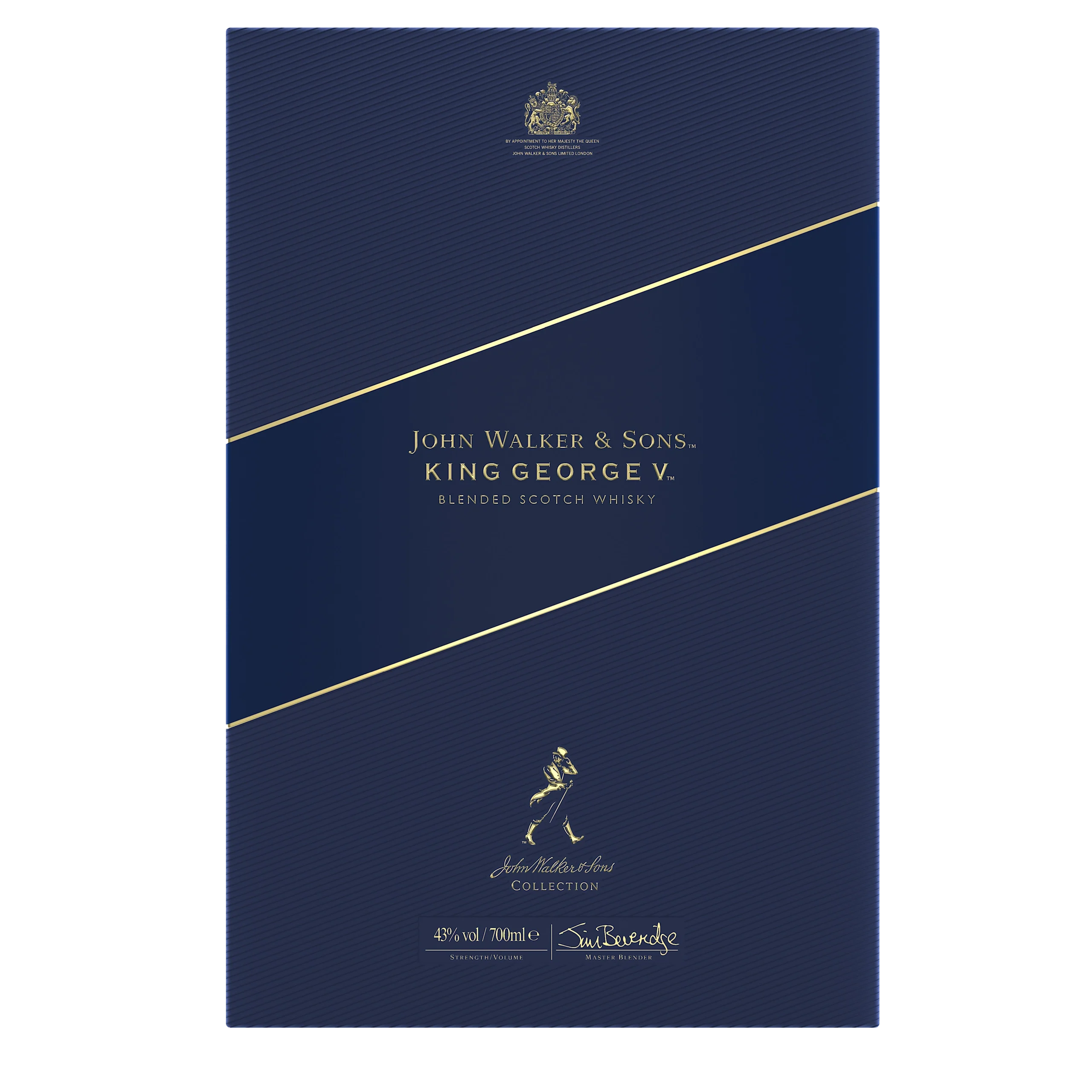 Ένα μπλε ναυτικό κουτί από John Walker & Sons King George V αναμεμειγμένο σκωτσέζικο ουίσκι, με χρυσό κείμενο και ένα λογότυπο μιας διασκεδαστικής φιγούρας.