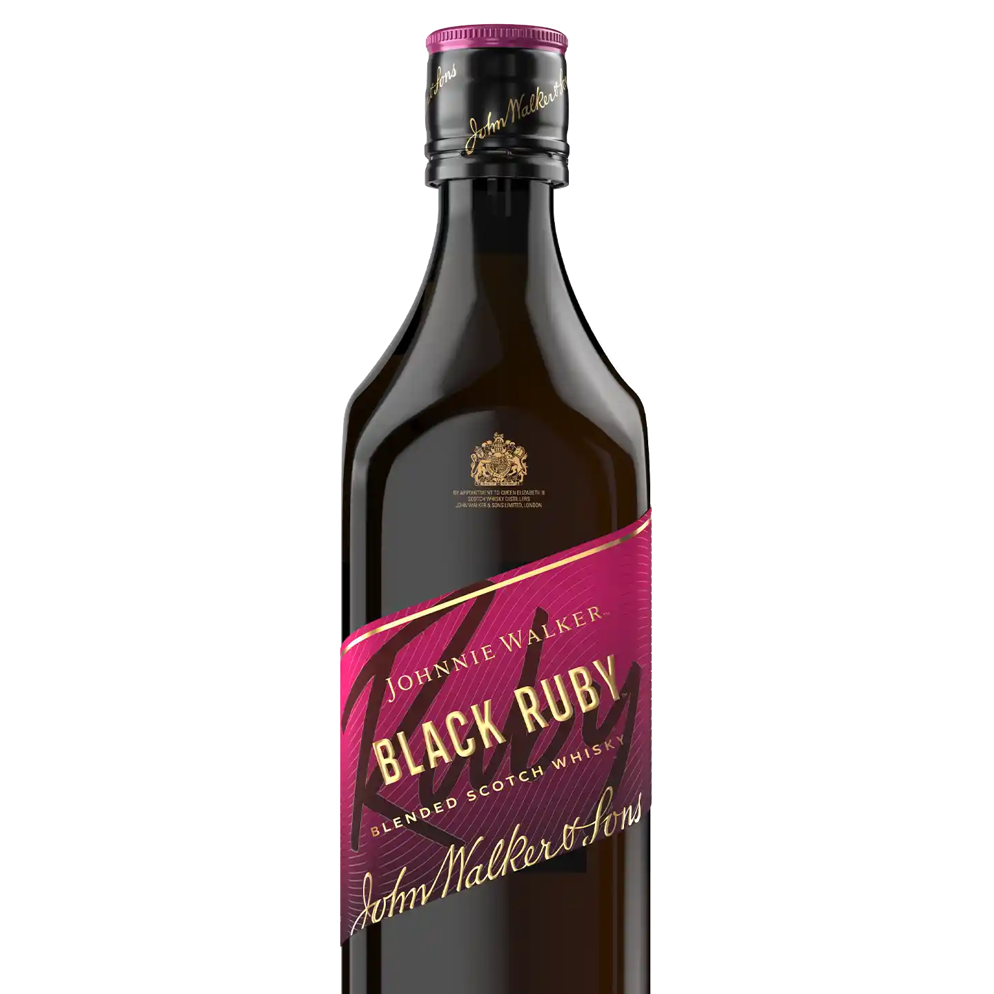 Ένα μπουκάλι Johnnie Walker Black Ruby Blended Scotch Whisky. Το μπουκάλι είναι σκούρο με ροζ και χρυσή ετικέτα και το κείμενο περιλαμβάνει τα Johnnie Walker Black Ruby και John Walker & Sons στην ετικέτα. Το καπάκι είναι μαύρο με ροζ τόνους.