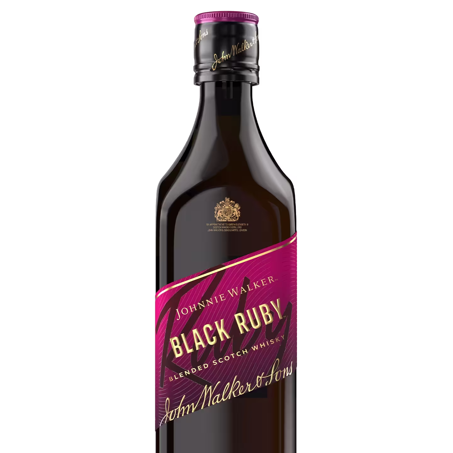 Eine Flasche Johnnie Walker Black Ruby Blended Scotch Whisky mit dunkelbrauner Flüssigkeit und einem kastanienbraunen Etikett mit goldenem Text. Der passende kastanienbraune Verschluss ist ebenfalls mit goldenem Schriftzug versehen.