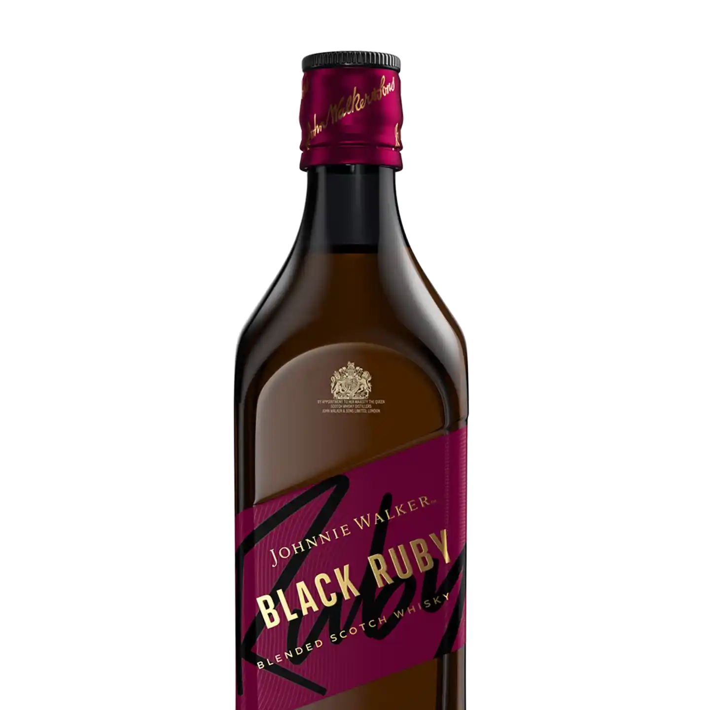 Una botella de Johnnie Walker Black Ruby, con un cuerpo de vidrio oscuro y una etiqueta roja llamativa. La tapa es roja con detalles dorados. La etiqueta incluye el texto Black Ruby y Blended Scotch Whisky.