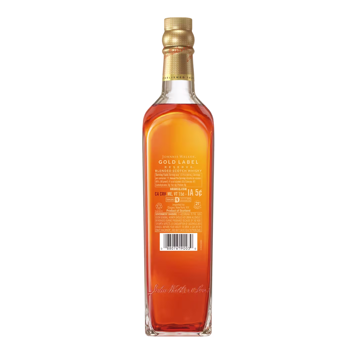 A clear bottle of Johnnie Walker Gold Label Blended Scotch Whisky shown from the back, displaying a gold cap, amber liquid, product label, and barcode.