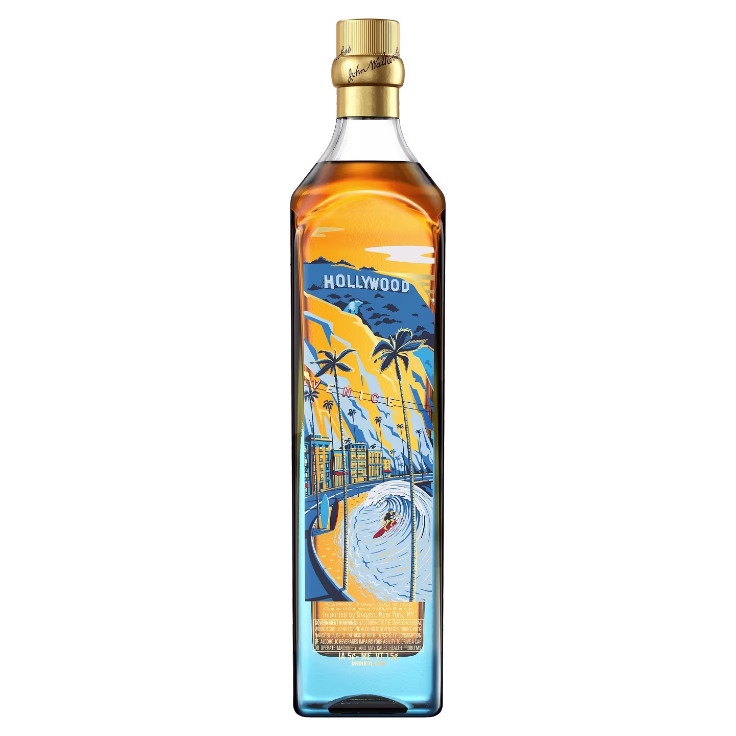 Bottle of Johnnie Walker whisky with a Hollywood-themed label featuring palm trees and a sunset.
