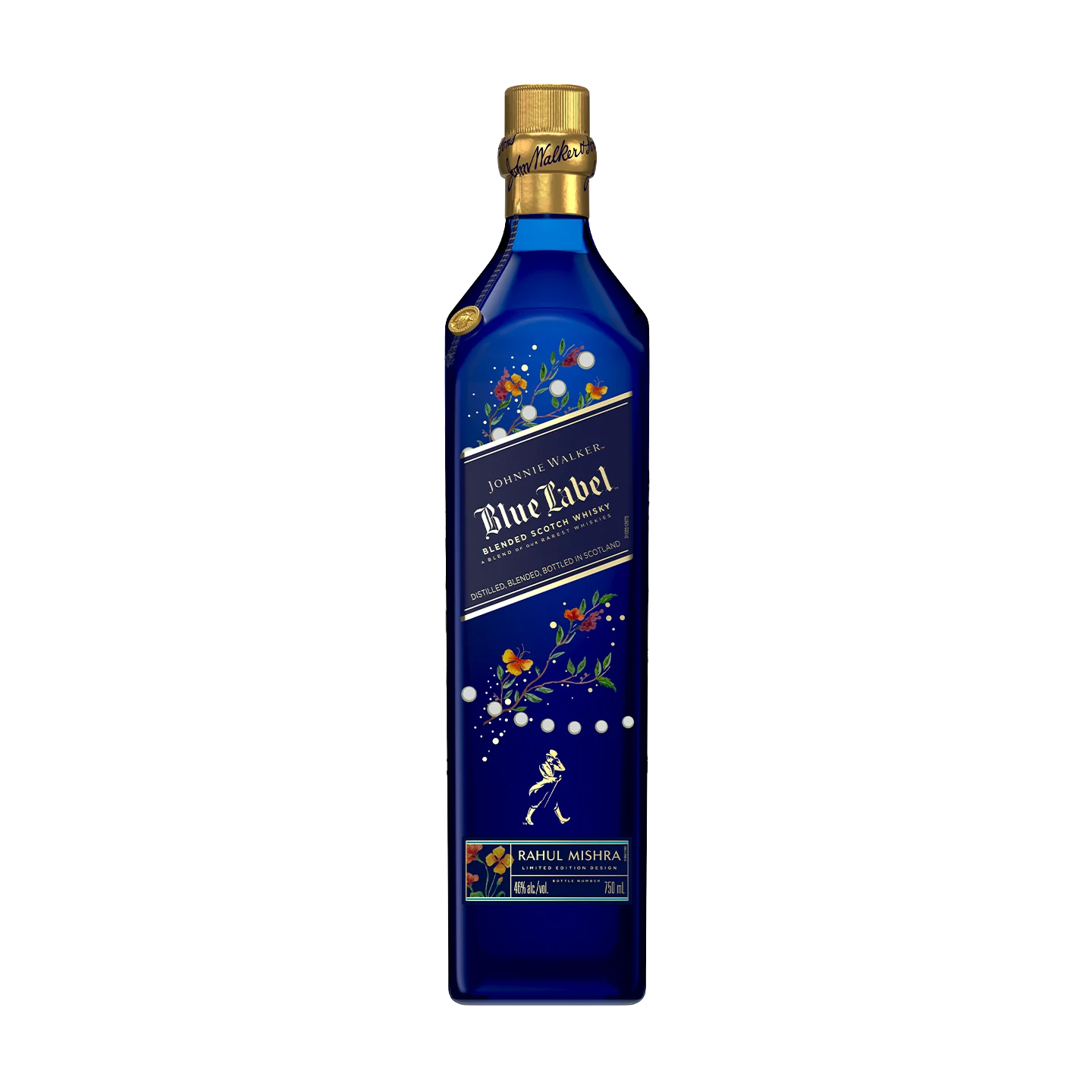 A blue bottle of Johnnie walker blue label x rahul mishra limited edition design whisky featuring a special edition design with colorful floral illustrations and gold accents on the label.