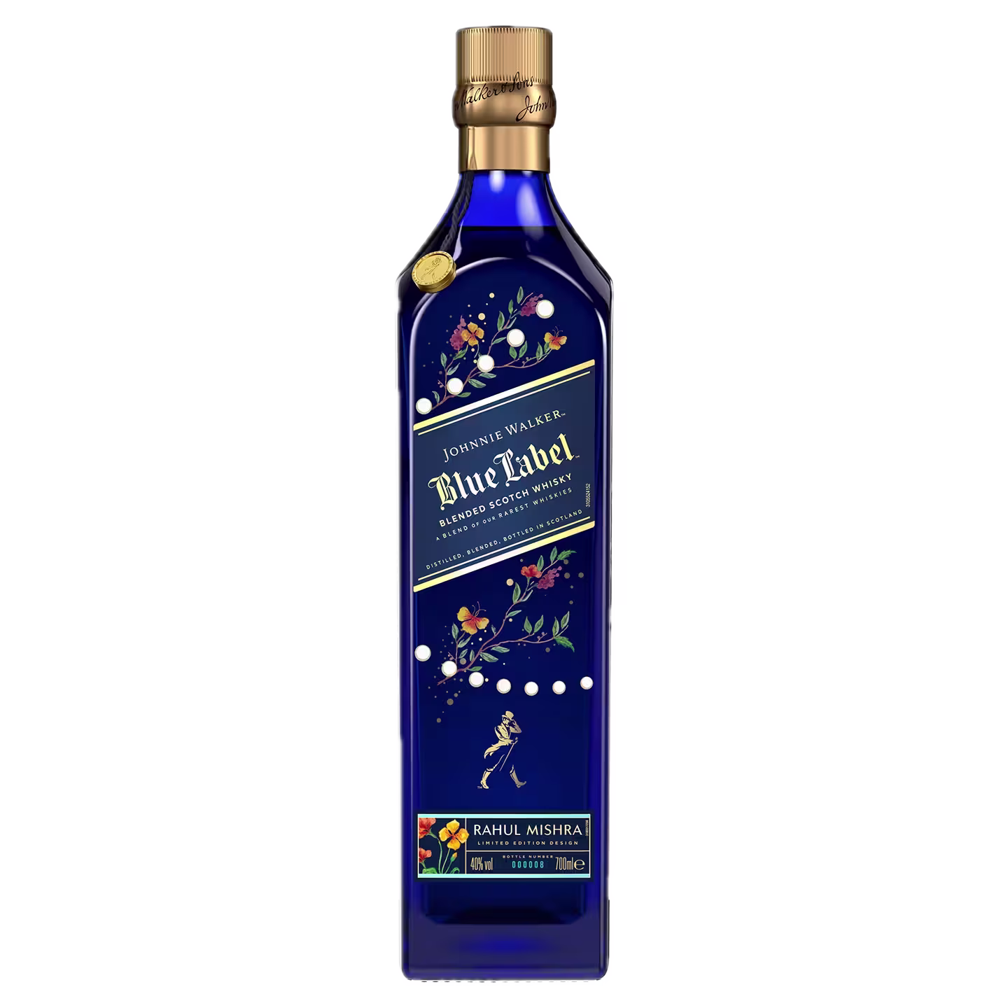 A blue bottle of Johnnie walker blue label x rahul mishra limited edition design whisky featuring a special edition design with colourful floral illustrations and gold accents on the label.