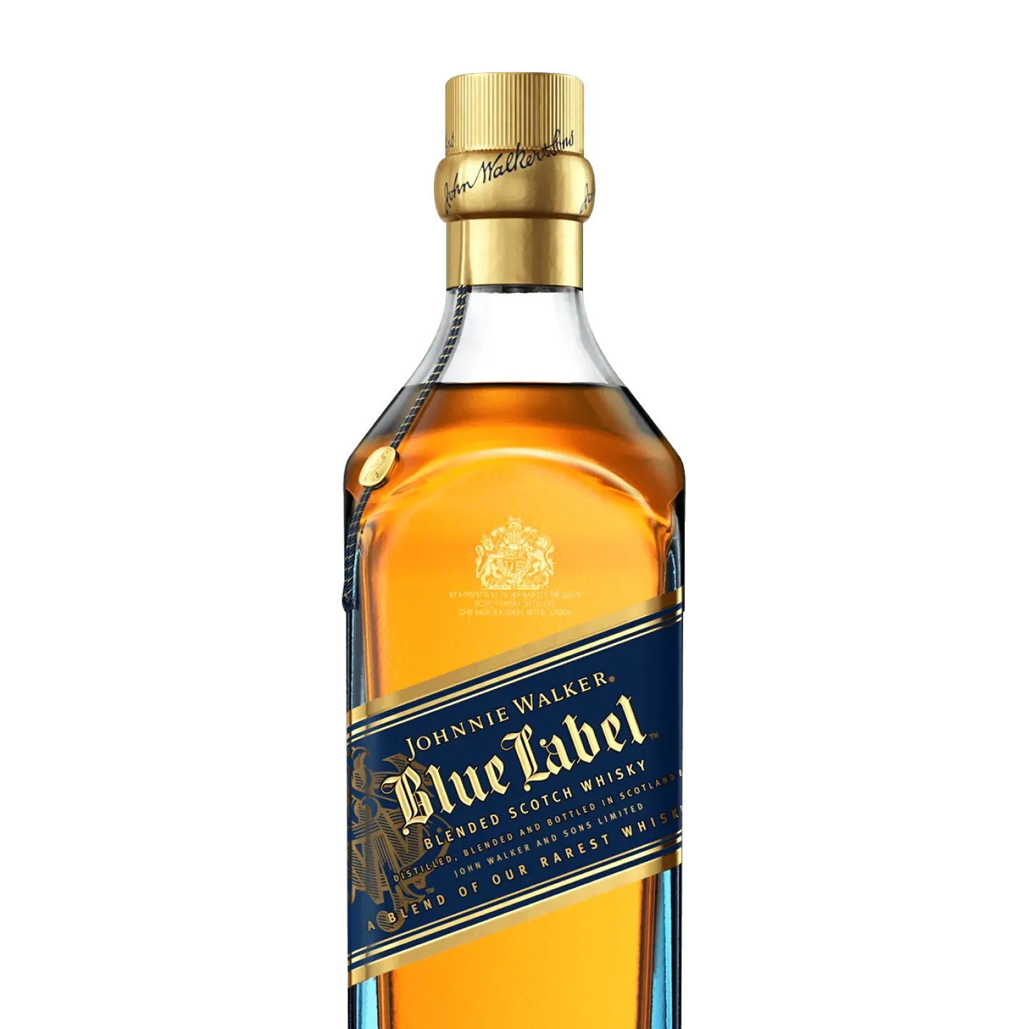 Una botella de whisky escocés mezclado Johnnie Walker Blue Label con una etiqueta azul y dorada, con un logotipo y una firma en relieve en la tapa sobre un fondo blanco.