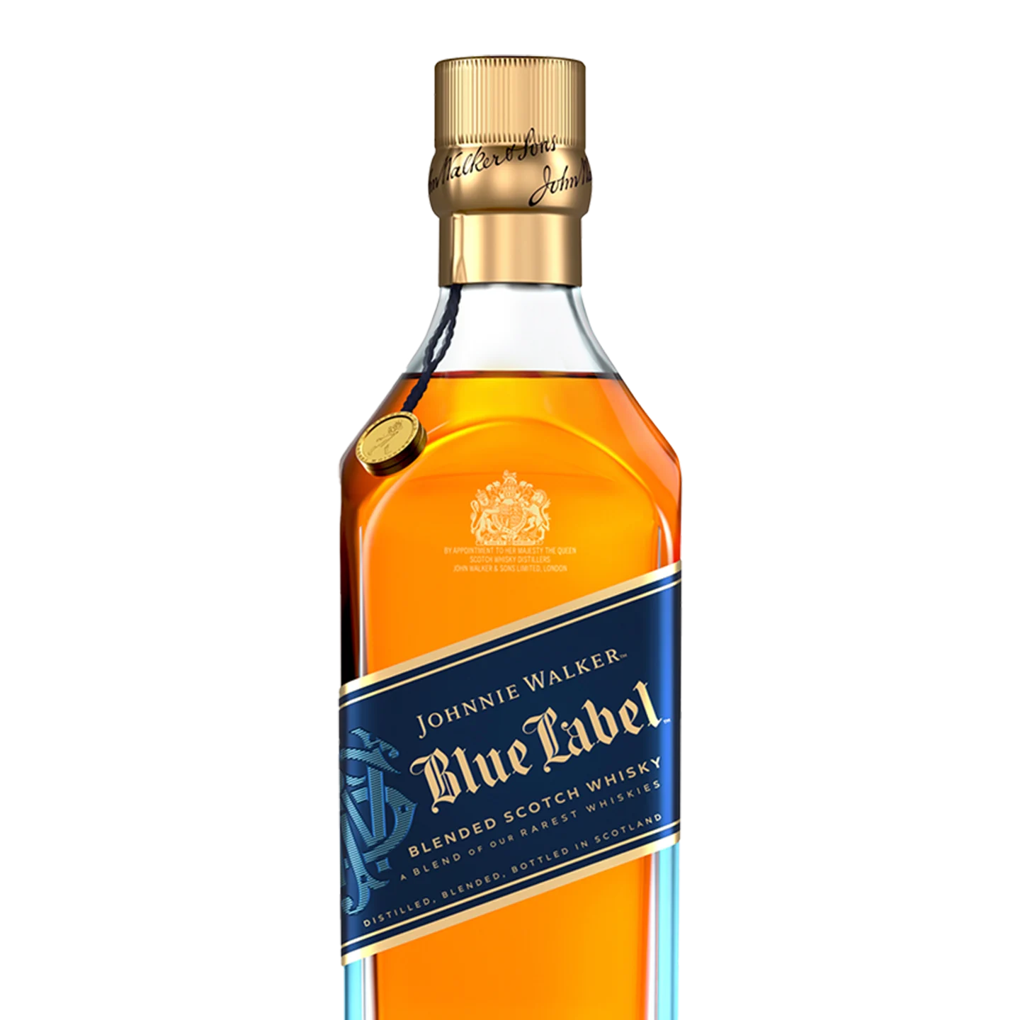 Ένα μπουκάλι Johnnie Walker Blue Label αναμεμειγμένο σκωτσέζικο ουίσκι με χρυσό καπάκι και σκούρο μπλε διαγώνιο ετικέτα στο μπροστινό μέρος. Το υγρό στο εσωτερικό έχει χρώμα κεχριμπαριού.