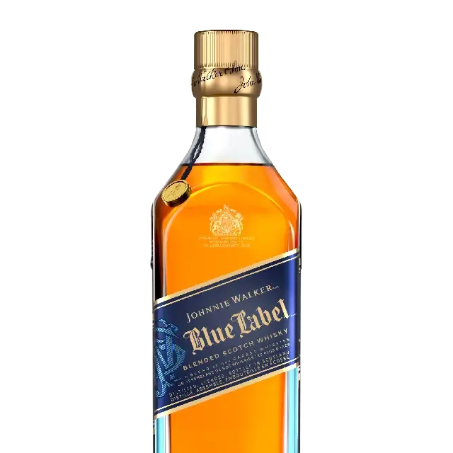 A bottle of Johnnie Walker Blue Label blended Scotch whisky with a blue diagonal label and gold cap, showing amber liquid inside.