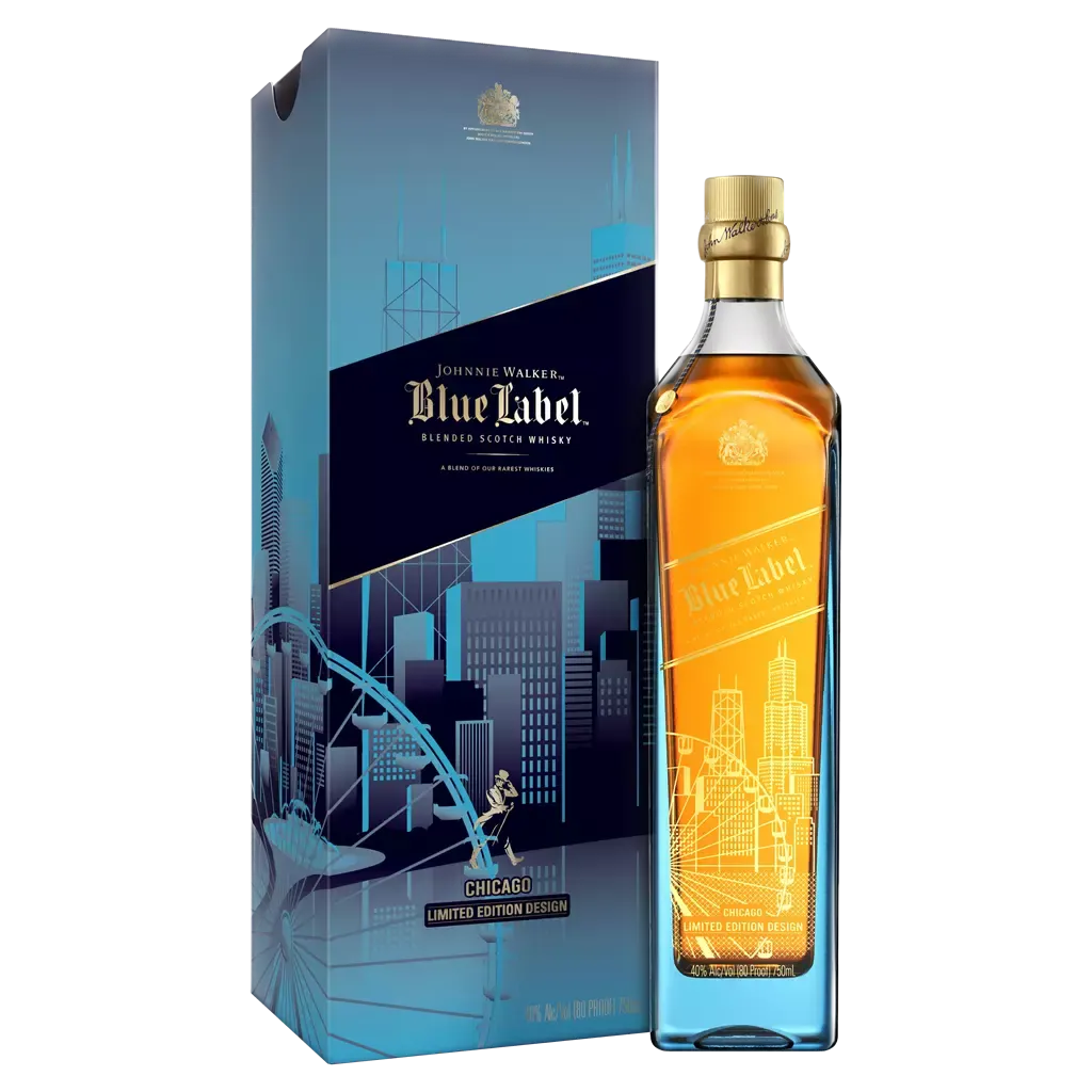 A bottle of Johnnie Walker Blue Label Blended Scotch Whisky with a limited edition Chicago design, featuring a skyline motif. The bottle is placed in front of its matching box, decorated with cityscape graphics.