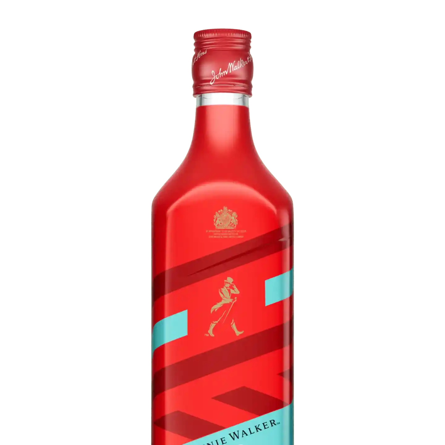 Una botella roja de whisky Johnnie Walker con una etiqueta azul y roja.