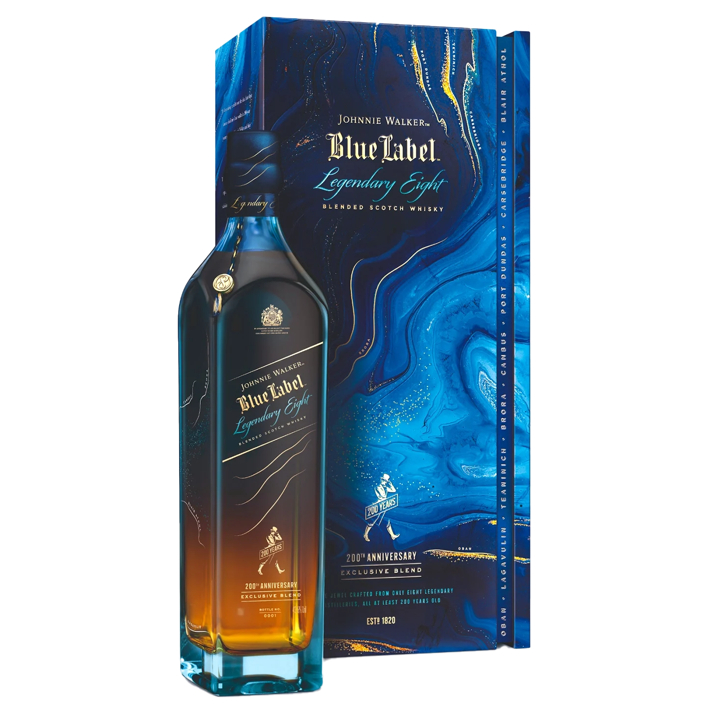 A bottle of Johnnie Walker Blue Label Legendary Eight blended Scotch whisky stands in front of its vibrant blue and gold anniversary box, featuring elegant swirling patterns and gold text marking the 200th anniversary edition.