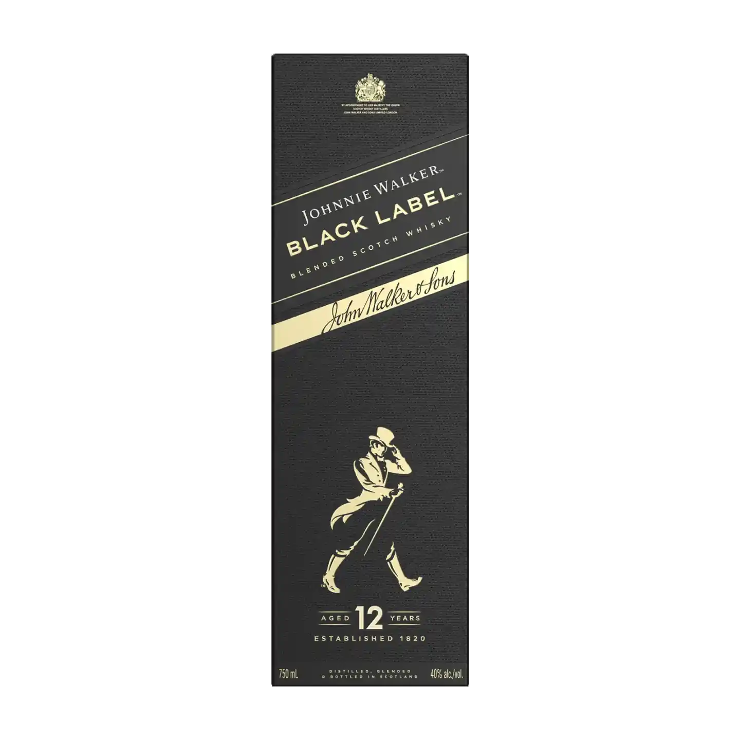 Hộp hình chữ nhật màu đen đựng rượu Johnnie Walker Black Label Blended Scotch Whisky, có logo màu vàng hình một người đàn ông đang sải bước, 12 năm tuổi, với dòng chữ ghi rõ dung tích 750 ml và nồng độ cồn 40%.