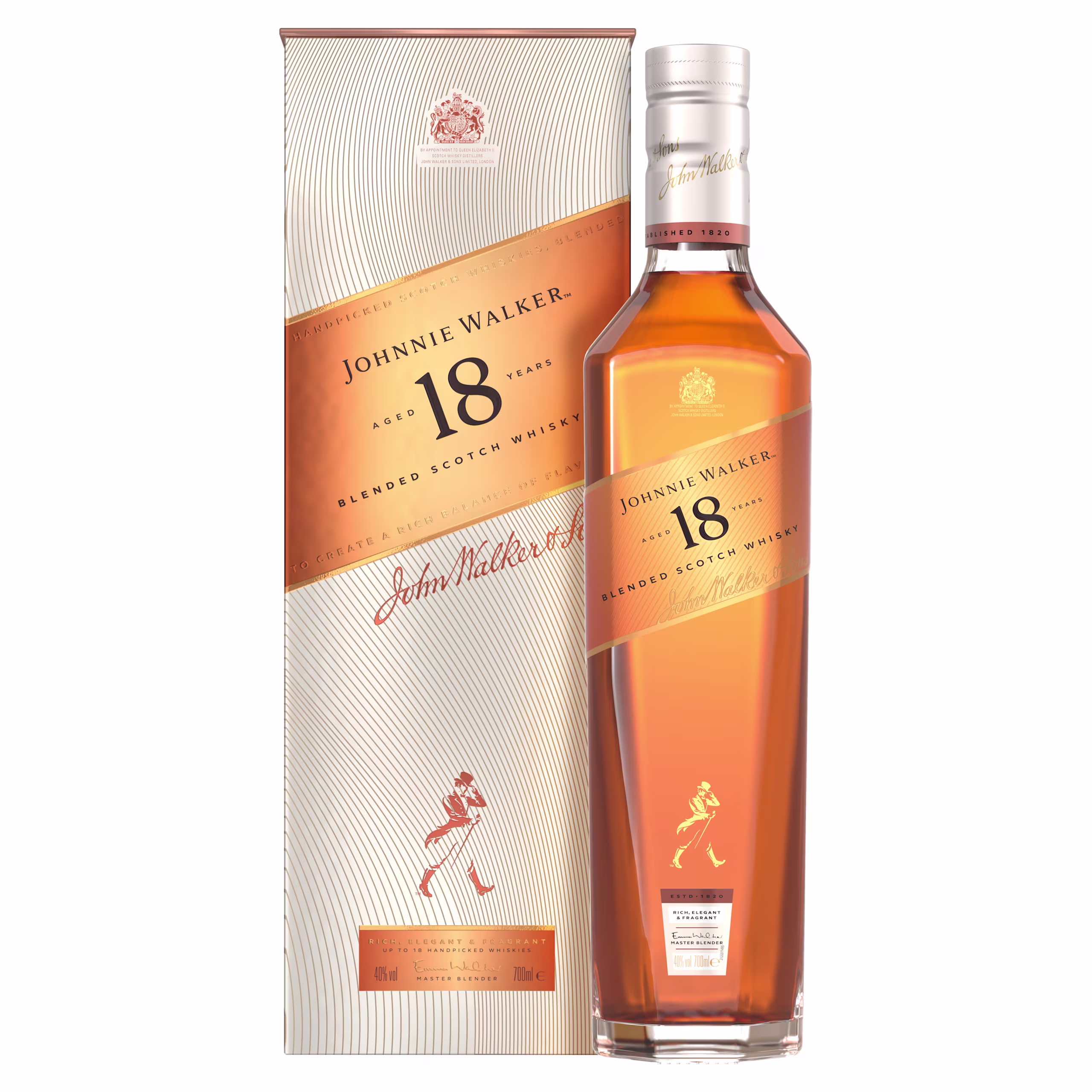 Ένα μπουκάλι Johnnie Walker Aged 18 Years Blended Scotch Whisky βρίσκεται δίπλα στο ασορτί χρυσό και κρεμ κουτί του, και τα δύο με την ετικέτα της μάρκας και το εμβληματικό λογότυπο του άνδρα που περπατάει.