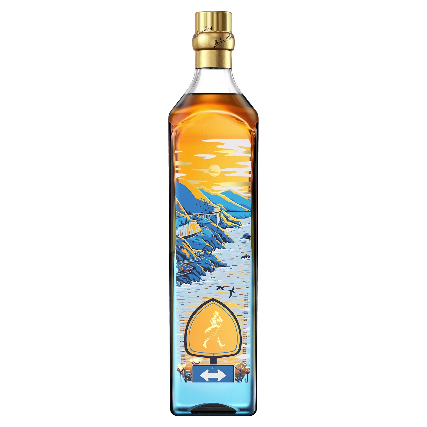 Tall whisky bottle with gold cap, featuring a blue and orange mountain and river landscape illustration.