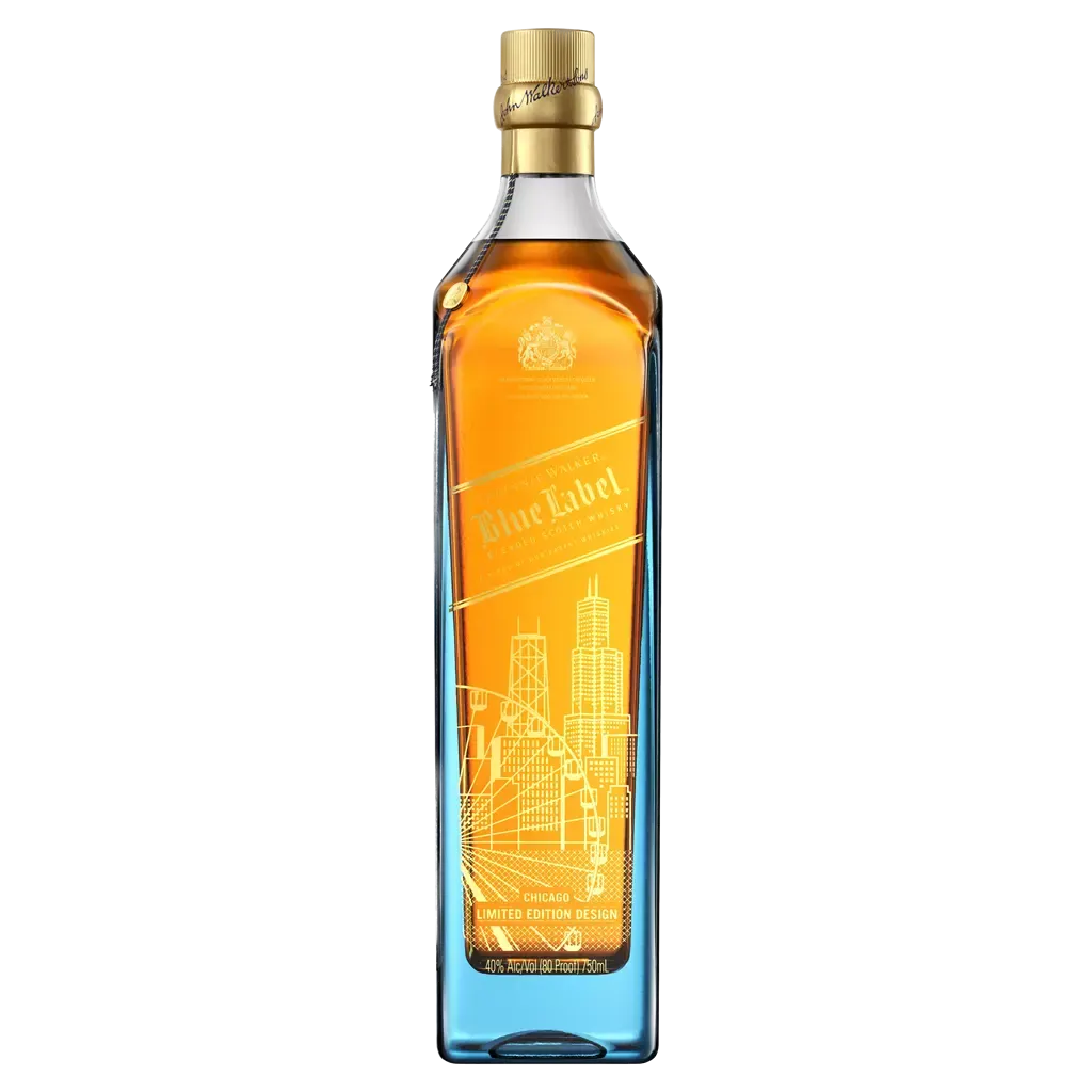 A bottle of Blue Label Chicago whiskey with a gold cap and a city skyline design in gold on the front. The label includes Limited Edition Design at the bottom.