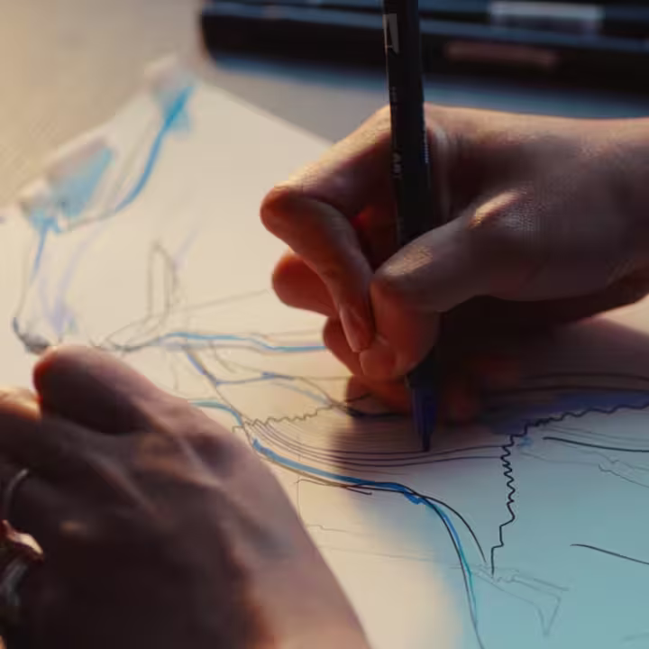 A close-up of two hands sketching on paper with blue and black markers, drawing abstract lines and shapes, with additional markers in the background.