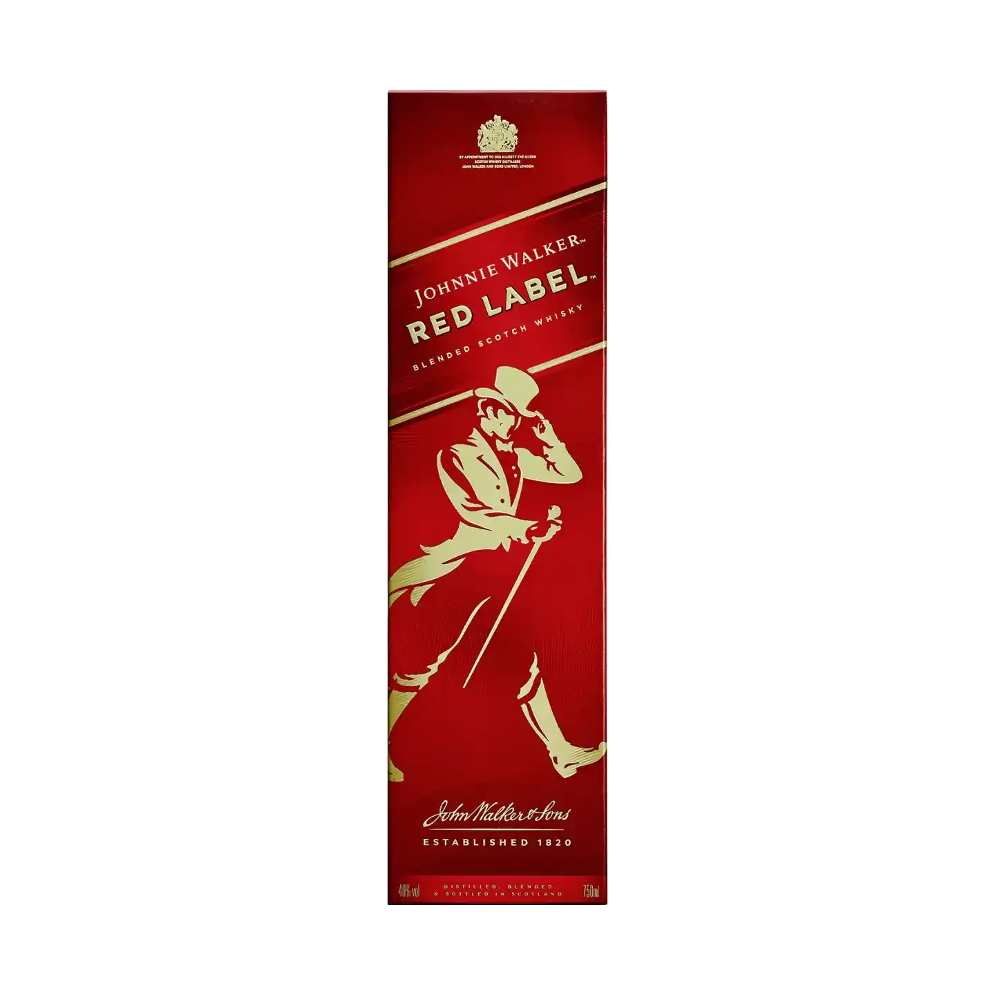 Een rode doos met het Johnnie Walker-logo en de branding voor Red Label Blended Scotch Whisky. Het ontwerp bevat een gouden silhouet van de iconische schrijdende man en tekst over de oprichting van de whisky in 1820.