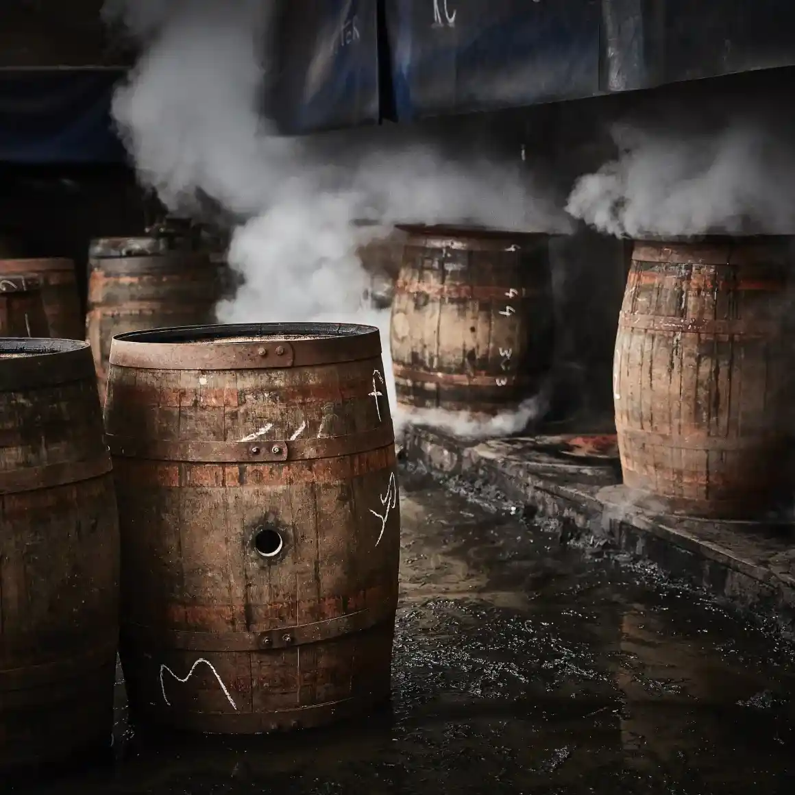 Barriles de madera de los que sale vapor están dispuestos en un entorno oscuro e industrial. El vapor crea una escena atmosférica que sugiere que los barriles están pasando por una etapa de procesamiento