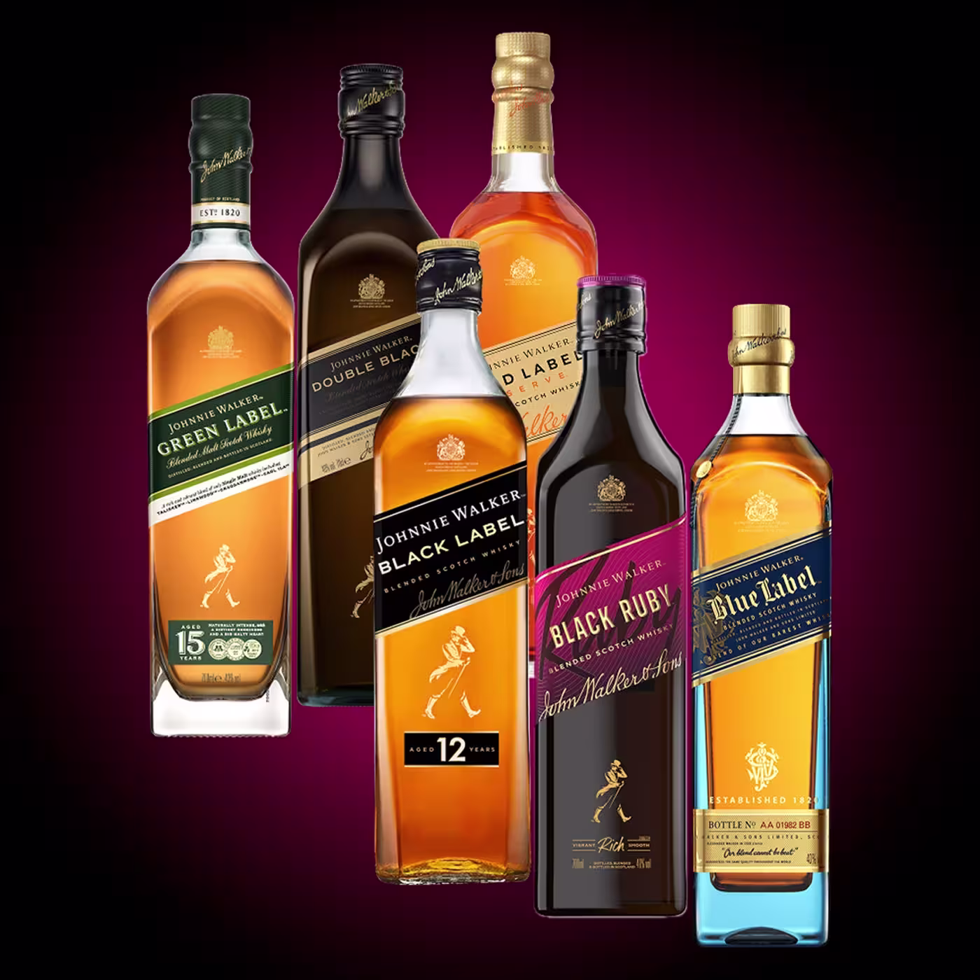 Six Johnnie Walker whisky bottles, including Green Label, Double Black Label, Gold Label Reserve, Black Label, Black Ruby, and Blue Label, displayed upright against a dark red gradient background.