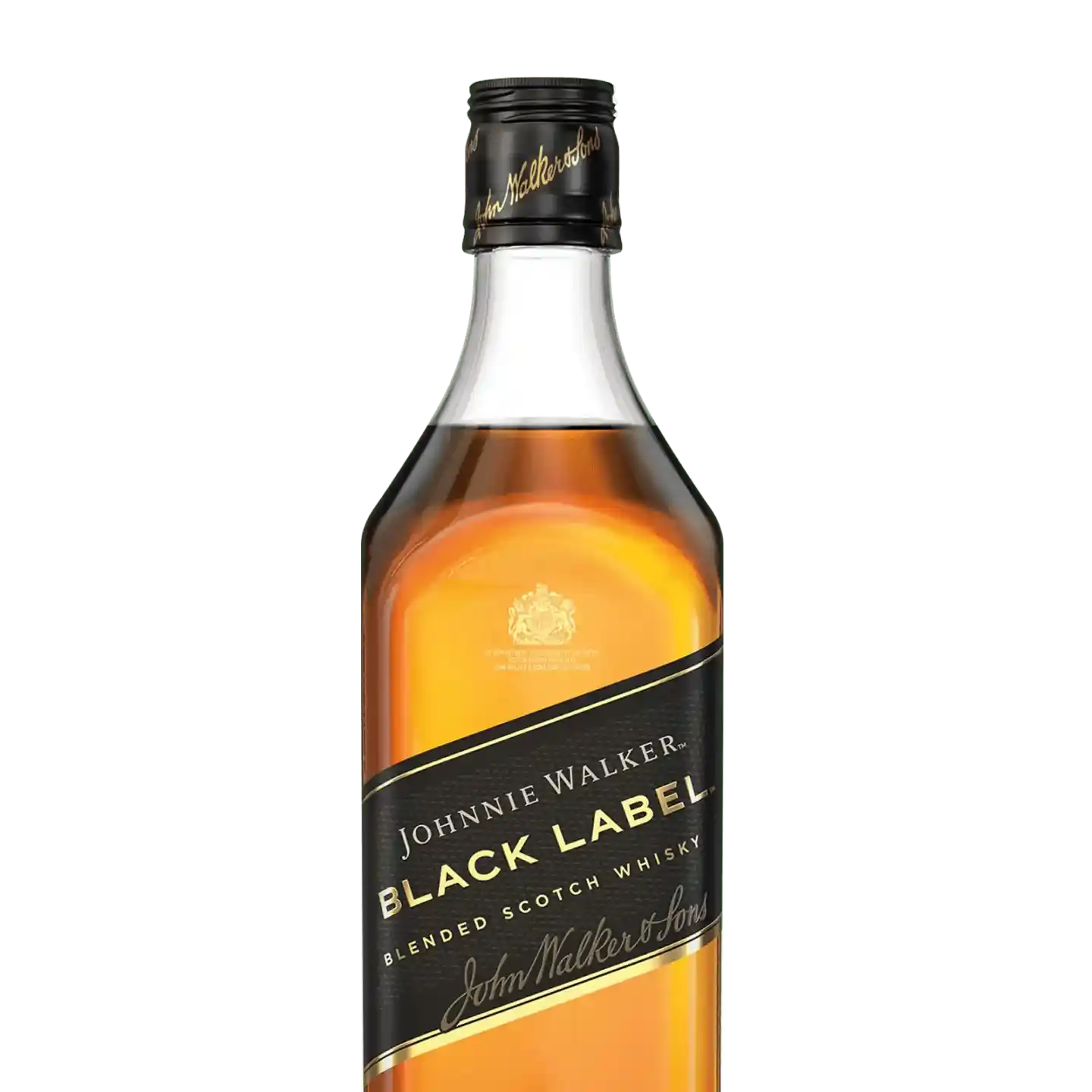 Een fles Johnnie Walker Black Label Blended Scotch Whisky met een zwart en goud etiket, met de merknaam en het logo. De whisky binnenin is amberkleurig.