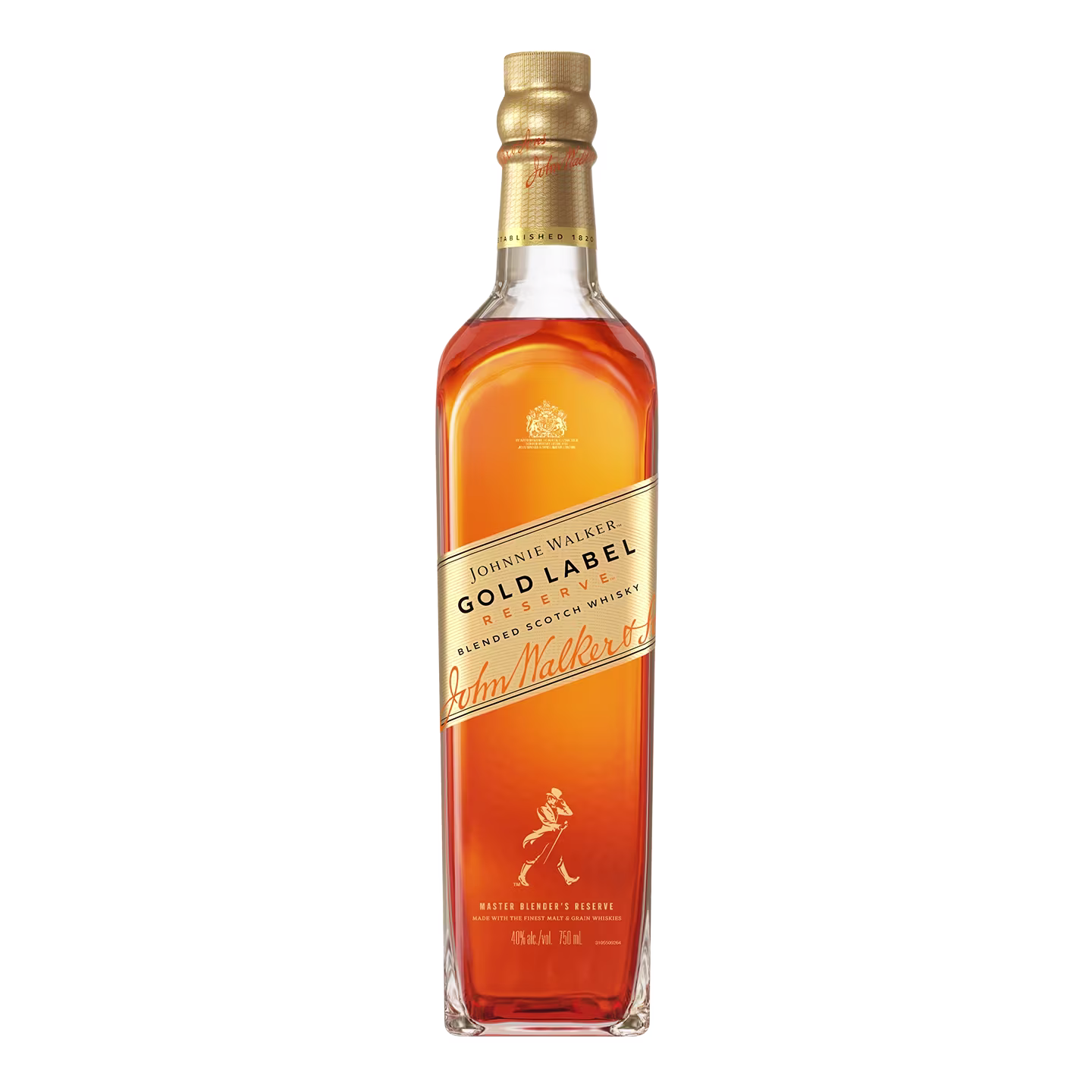 A bottle of Johnnie Walker Gold Label Reserve whisky with a gold cap. The label features the brands signature walking man logo and text. The whisky inside is a rich amber colour.