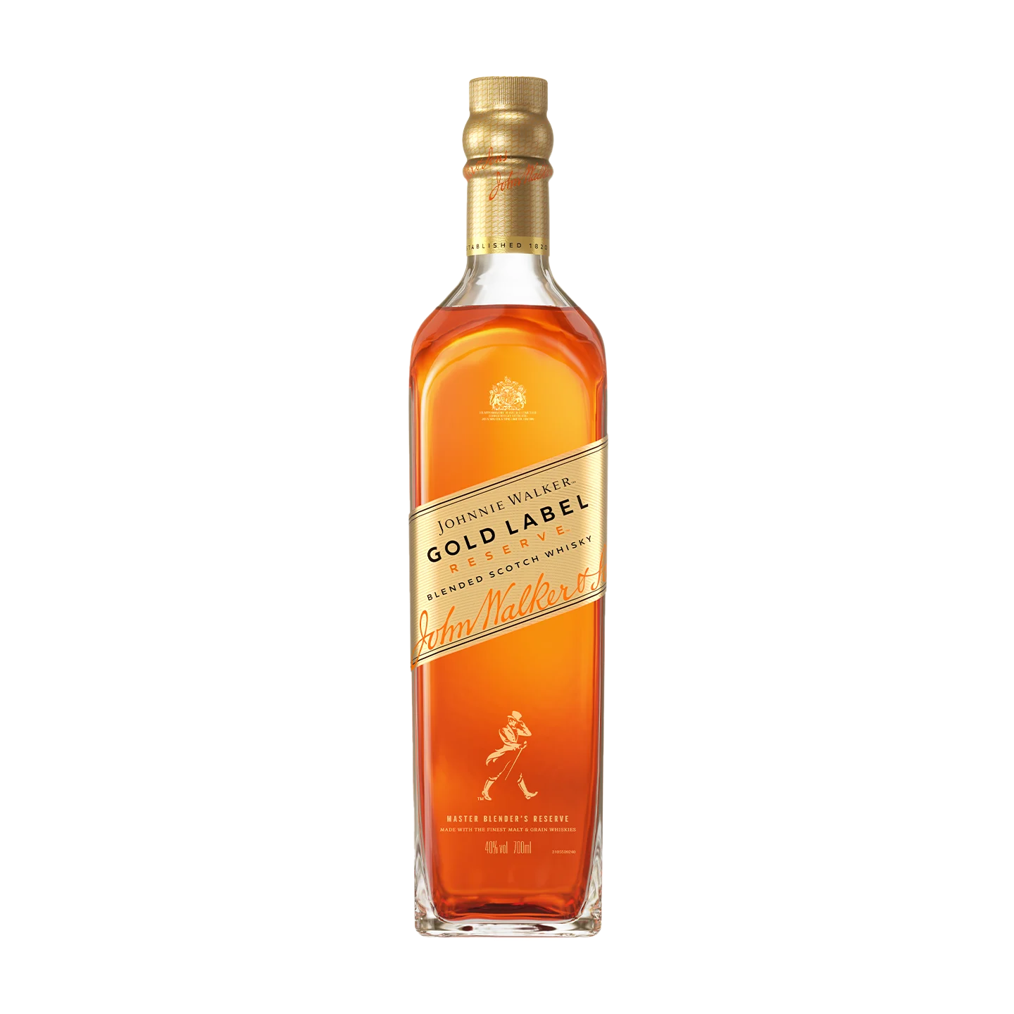 Ένα μπουκάλι Johnnie Walker Gold Label Reserve ανάμεικτο σκωτσέζικο ουίσκι. Η ετικέτα είναι χρυσή με το χαρακτηριστικό λογότυπο της μάρκας striding man. Το μπουκάλι είναι διαφανές, δείχνει το κεχριμπαρένιο υγρό μέσα και καλύπτεται με ένα χρυσό καπάκι.