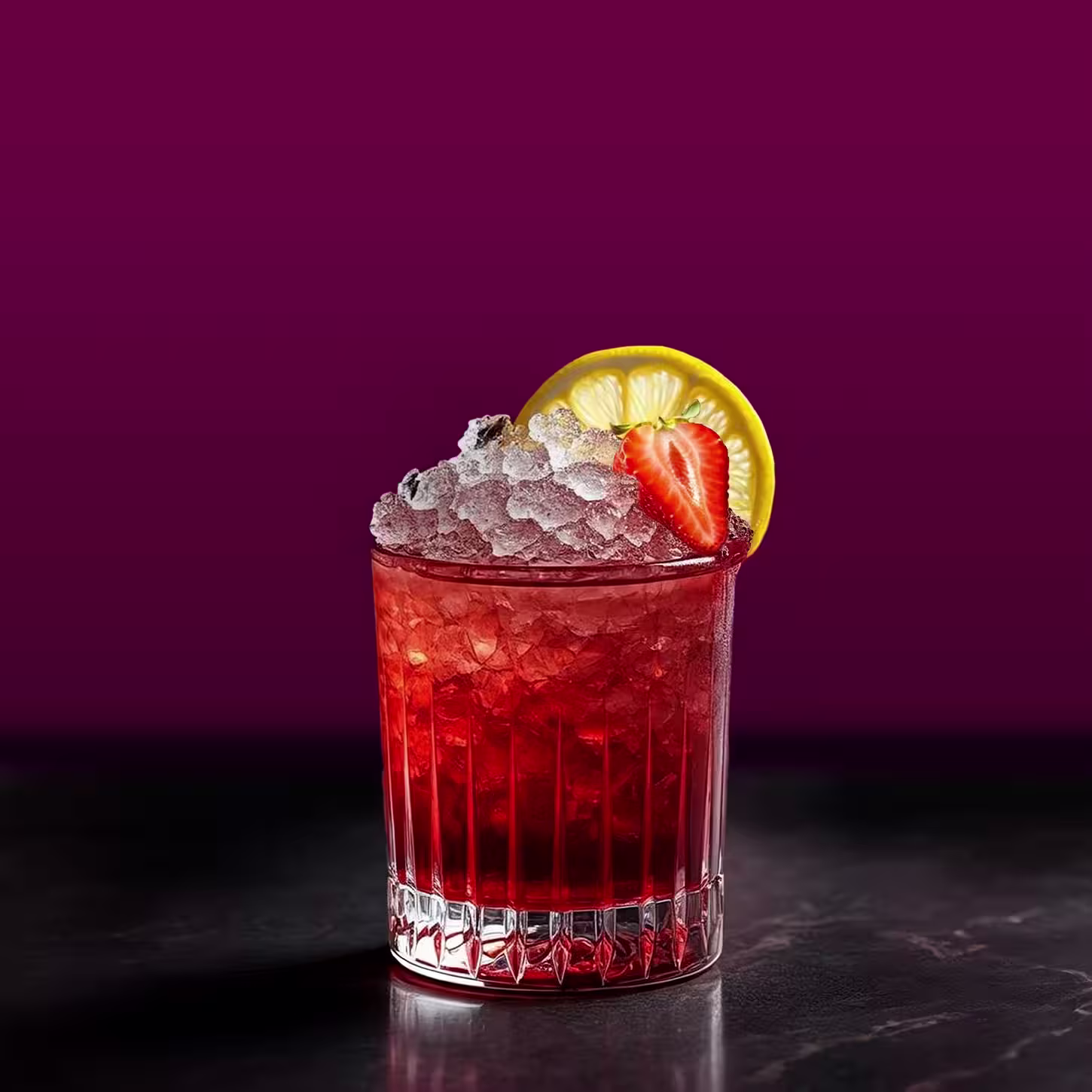 Un vaso lleno de una bebida helada roja adornada con una rodaja de limón y media fresa, sobre un fondo morado oscuro.
