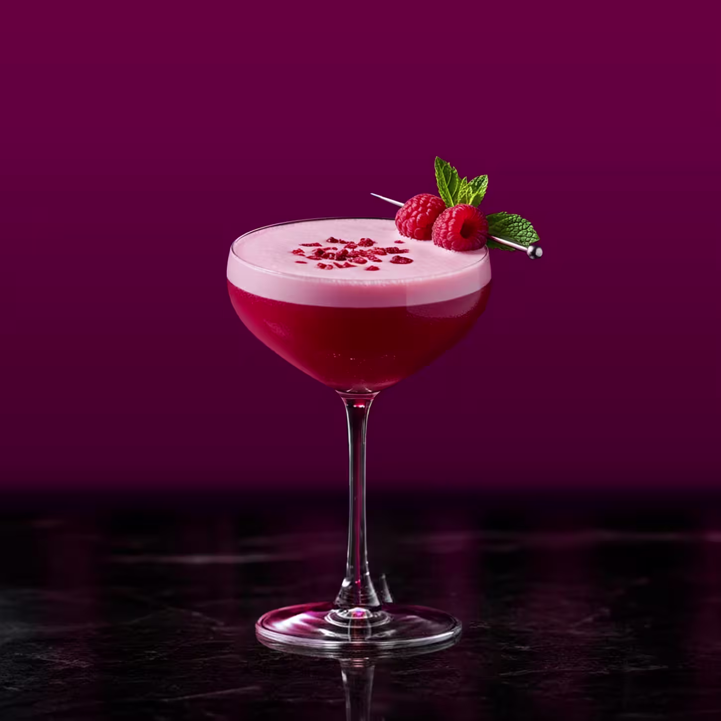 Un cóctel rosa vibrante en copa de tallo sobre un fondo rosa oscuro, coronado con espuma y adornado con una brocheta de frambuesas y hojas de menta. El cóctel reposa sobre una superficie oscura y brillante.