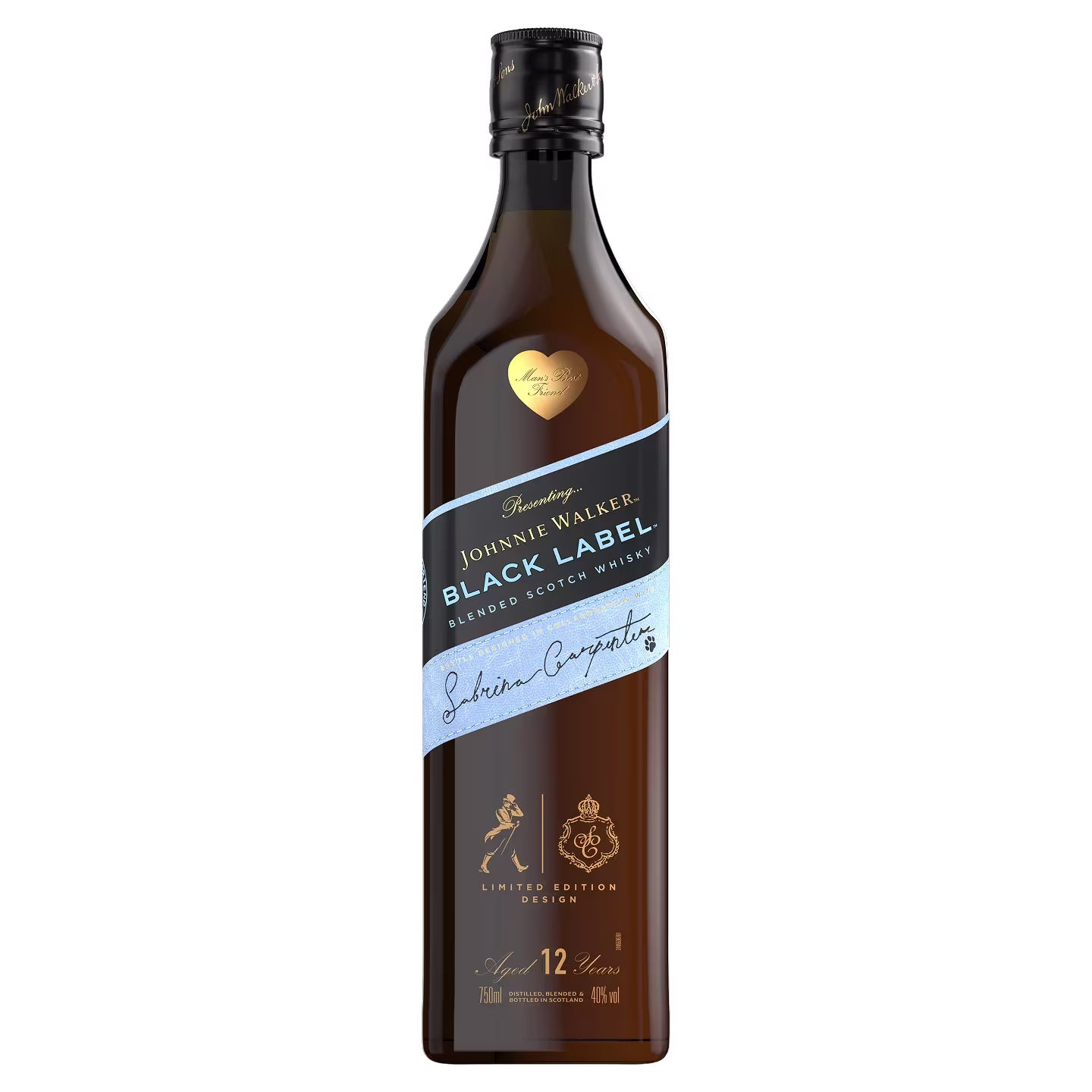 A bottle of Johnnie Walker Black Label whisky with a blue signature label and gold accents.