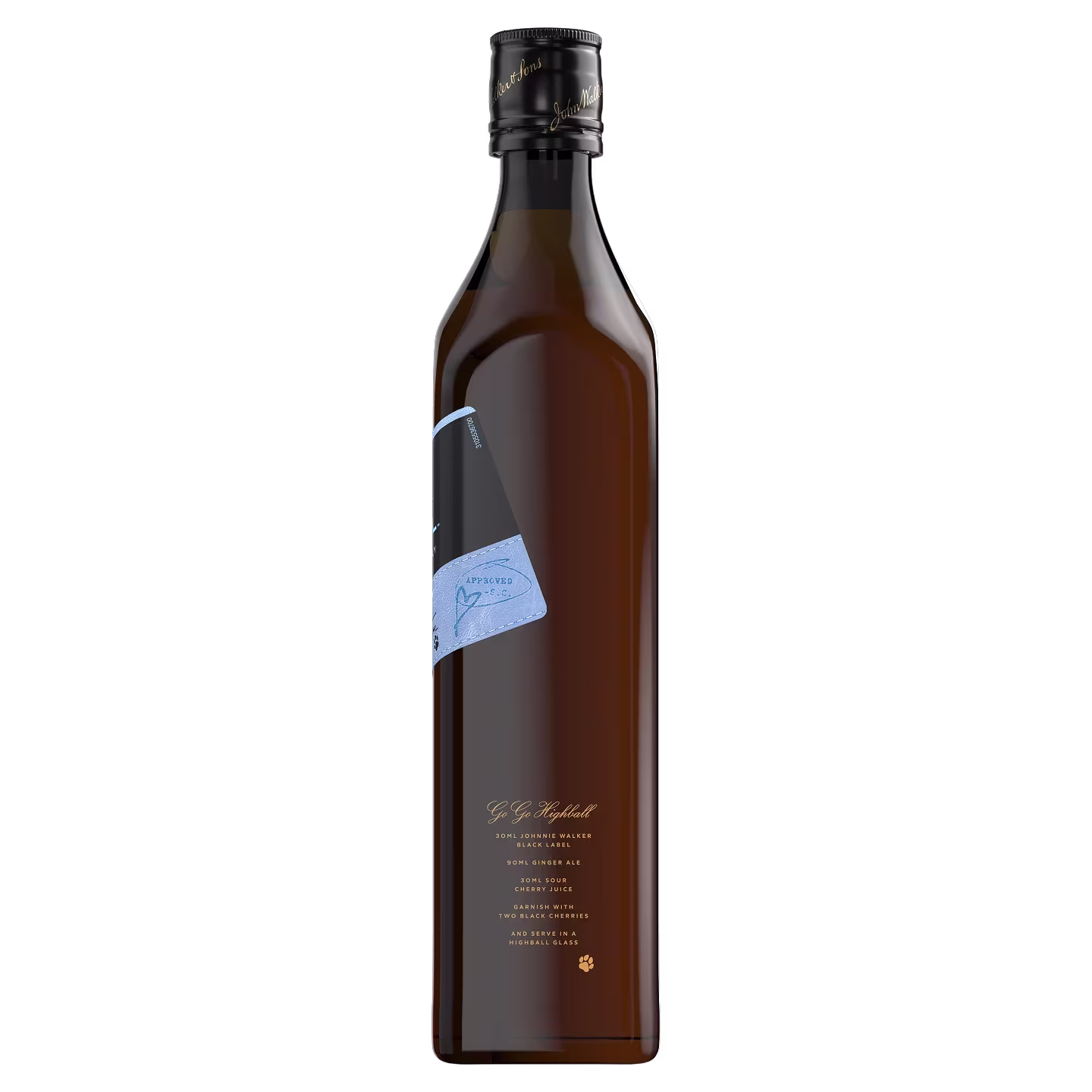 Tall brown glass bottle with a blue diagonal label and black cap, shown against a white background.