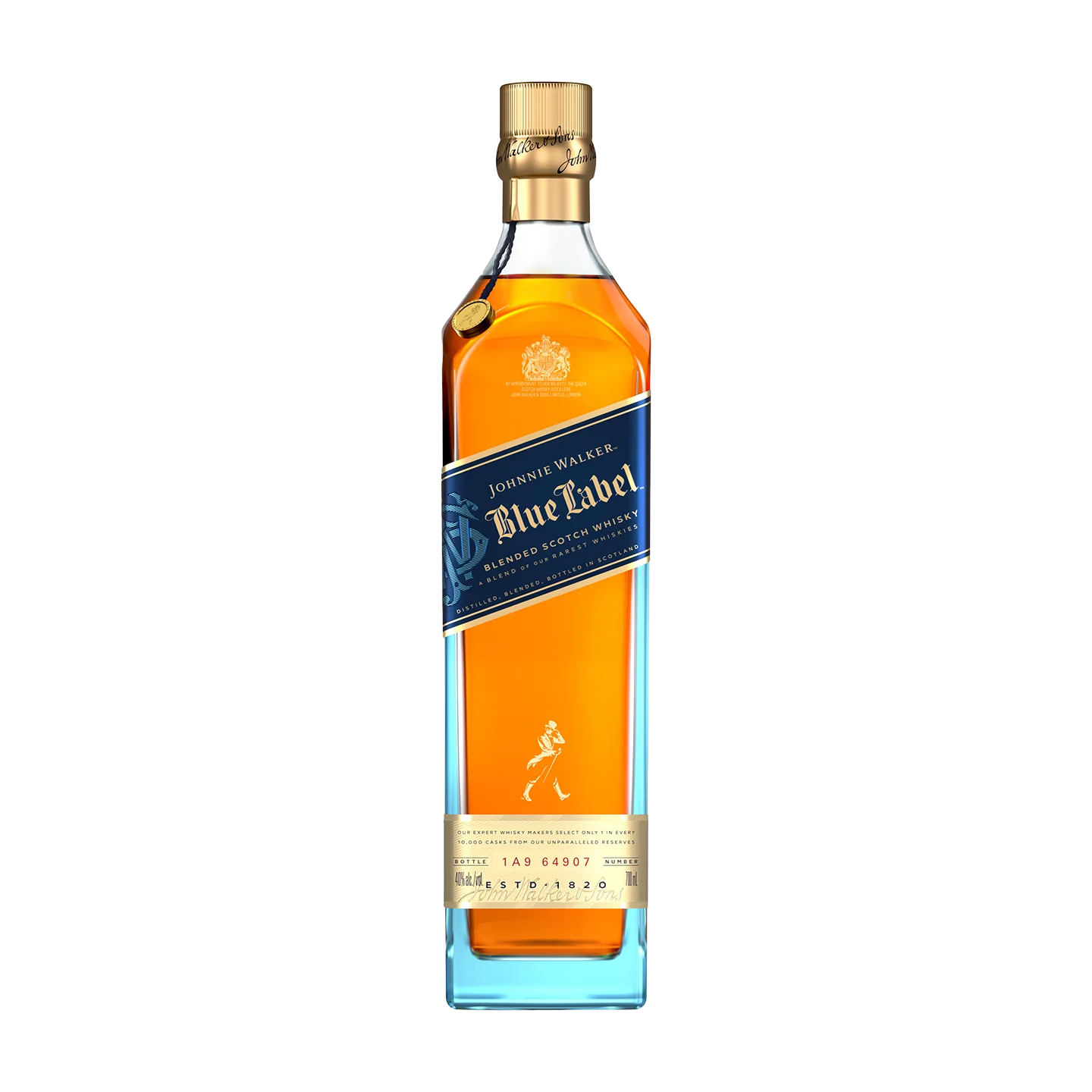 Ένα μπουκάλι Johnnie Walker Blue Label ανάμεικτο σκωτσέζικο ουίσκι με χρυσό καπάκι, με μπλε ετικέτα και χρυσά γράμματα. Το μπουκάλι είναι γεμάτο με κεχριμπαρένιο υγρό και στην ετικέτα είναι ορατό ένα λογότυπο με διασκελισμό.
