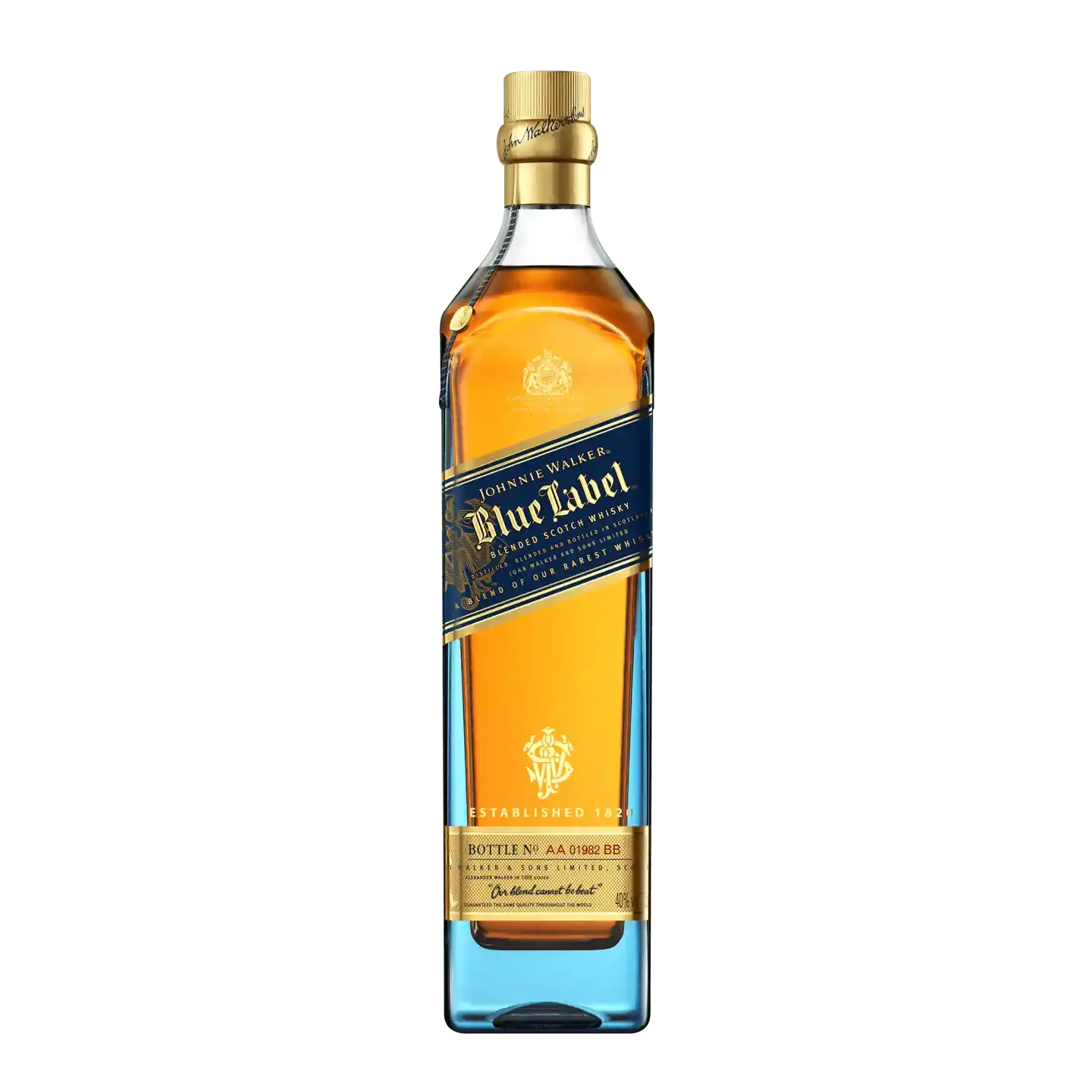 A bottle of Johnnie Walker Blue Label blended scotch whisky. 
