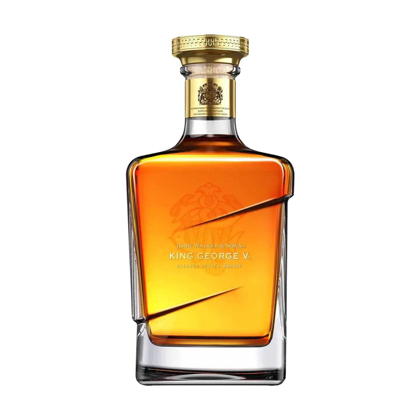 A bottle of Johnnie Walker & Sons King George V whisky with an elegant design. The amber liquid is visible through the transparent glass, which features a gold label and a gold cap. The bottle has a diagonal cut design near the top.