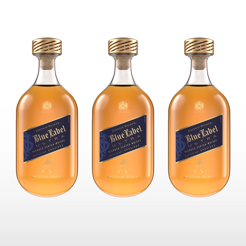 Three bottles of Johnnie Walker Blue Label whisky with gold caps and blue diagonal labels, displayed side by side against a white background.